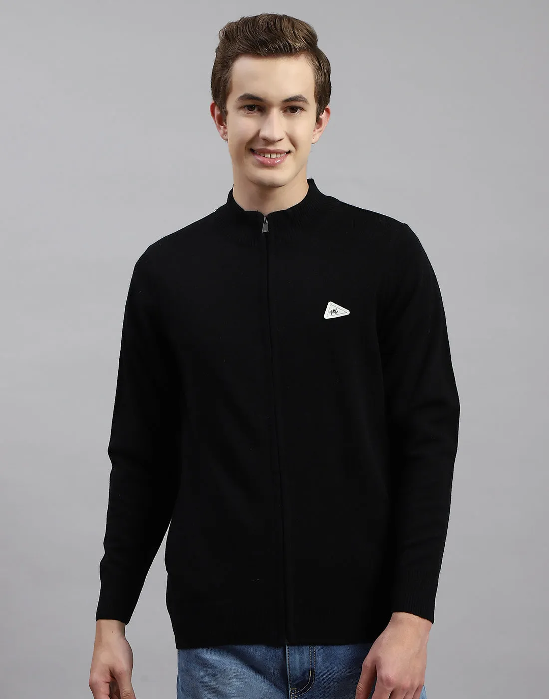 Men Black Solid Stand Collar Full Sleeve Pullover