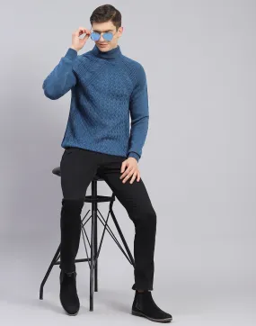 Men Blue Self Design H Neck Full Sleeve Sweater