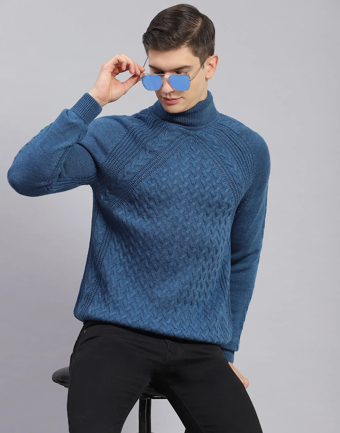 Men Blue Self Design H Neck Full Sleeve Sweater