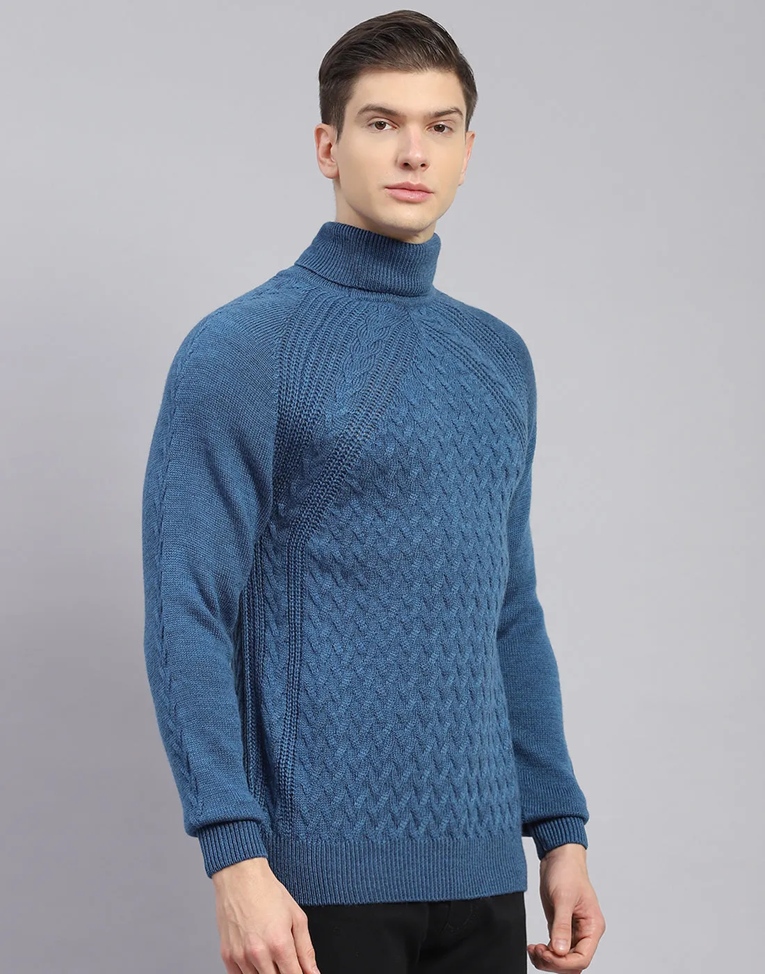 Men Blue Self Design H Neck Full Sleeve Sweater