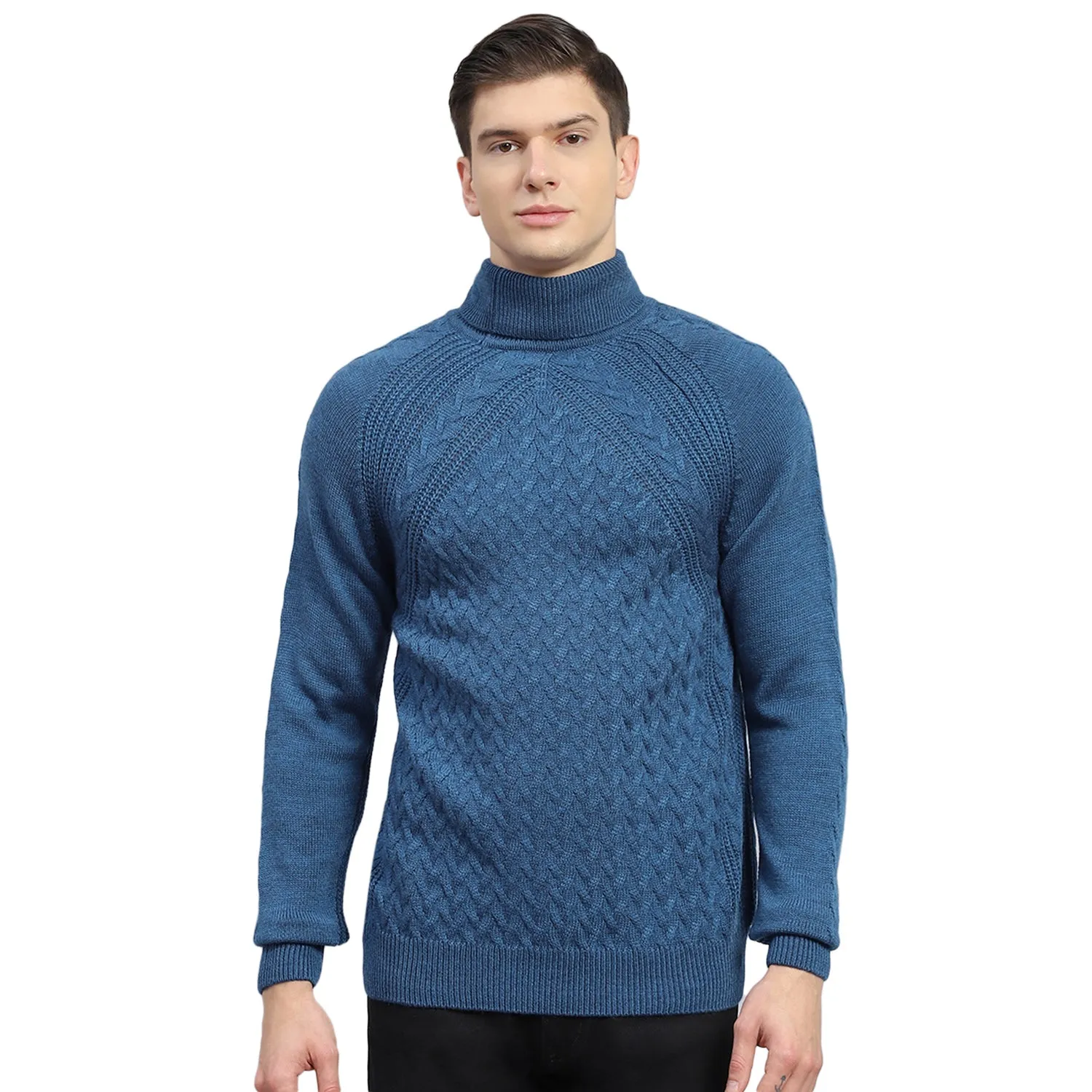 Men Blue Self Design H Neck Full Sleeve Sweater