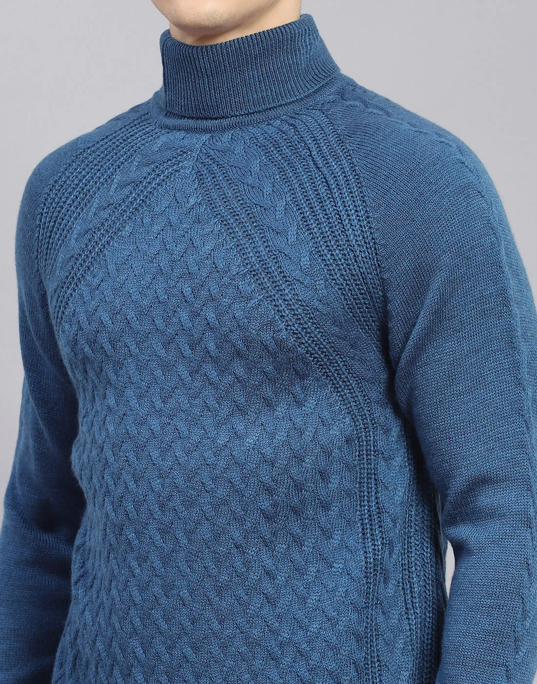 Men Blue Self Design H Neck Full Sleeve Sweater