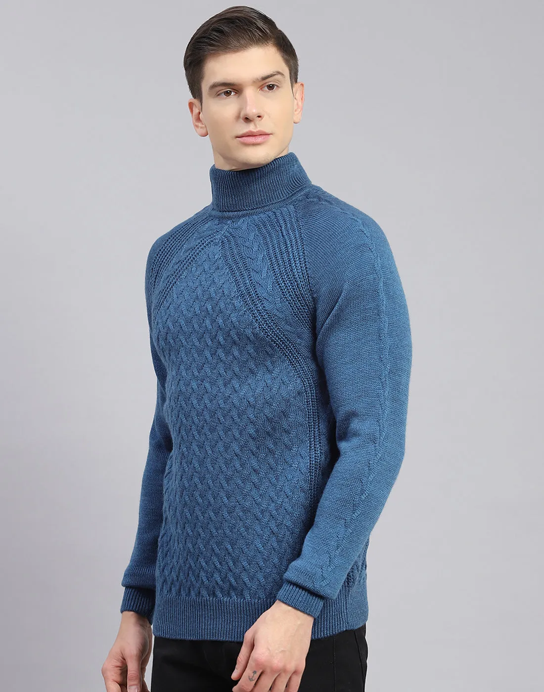 Men Blue Self Design H Neck Full Sleeve Sweater