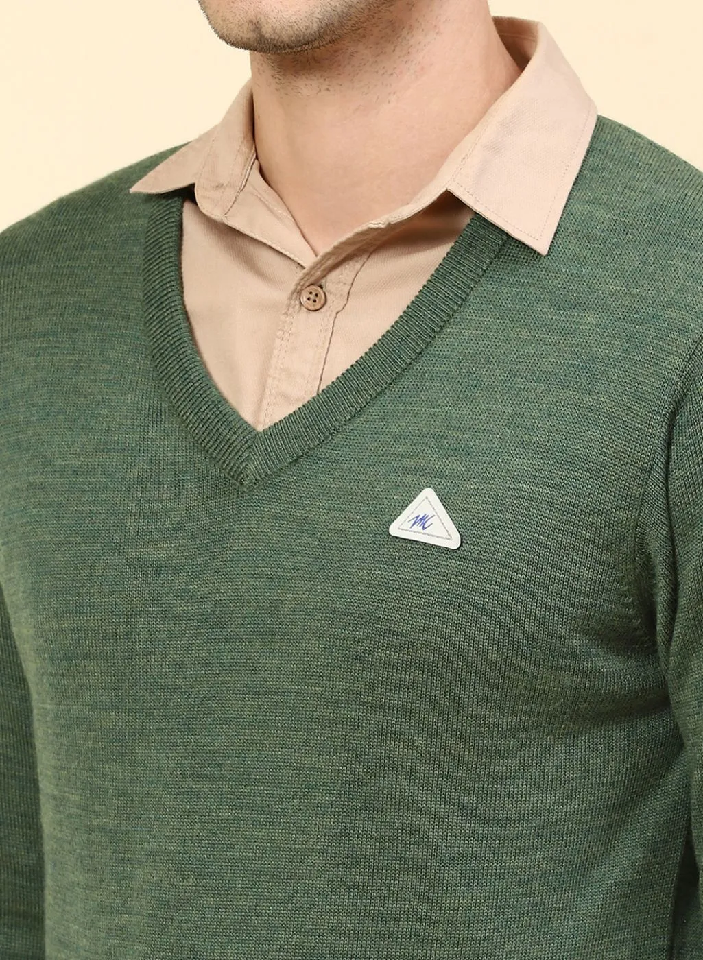 Men Green Solid Pure wool Pullover