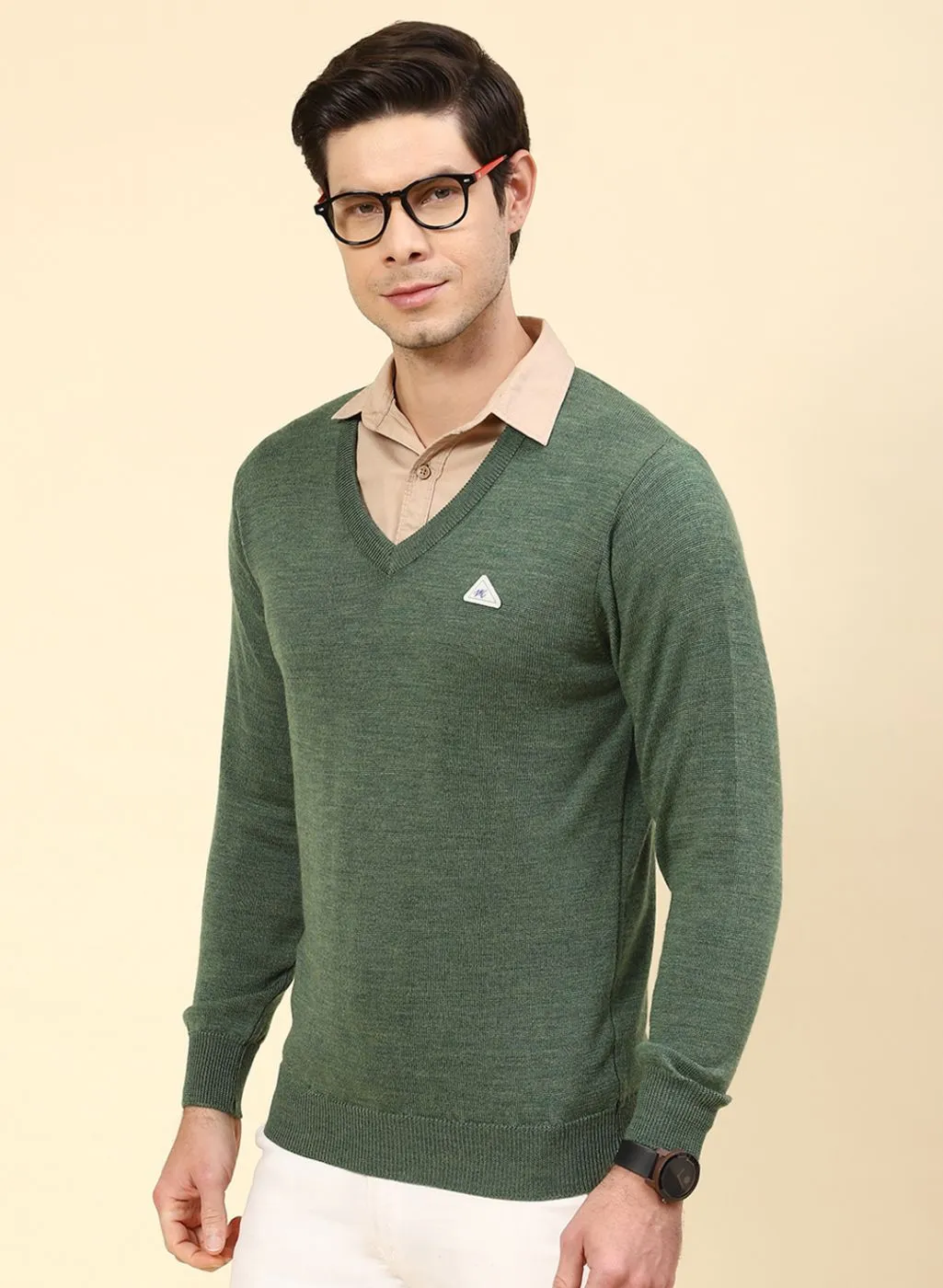 Men Green Solid Pure wool Pullover