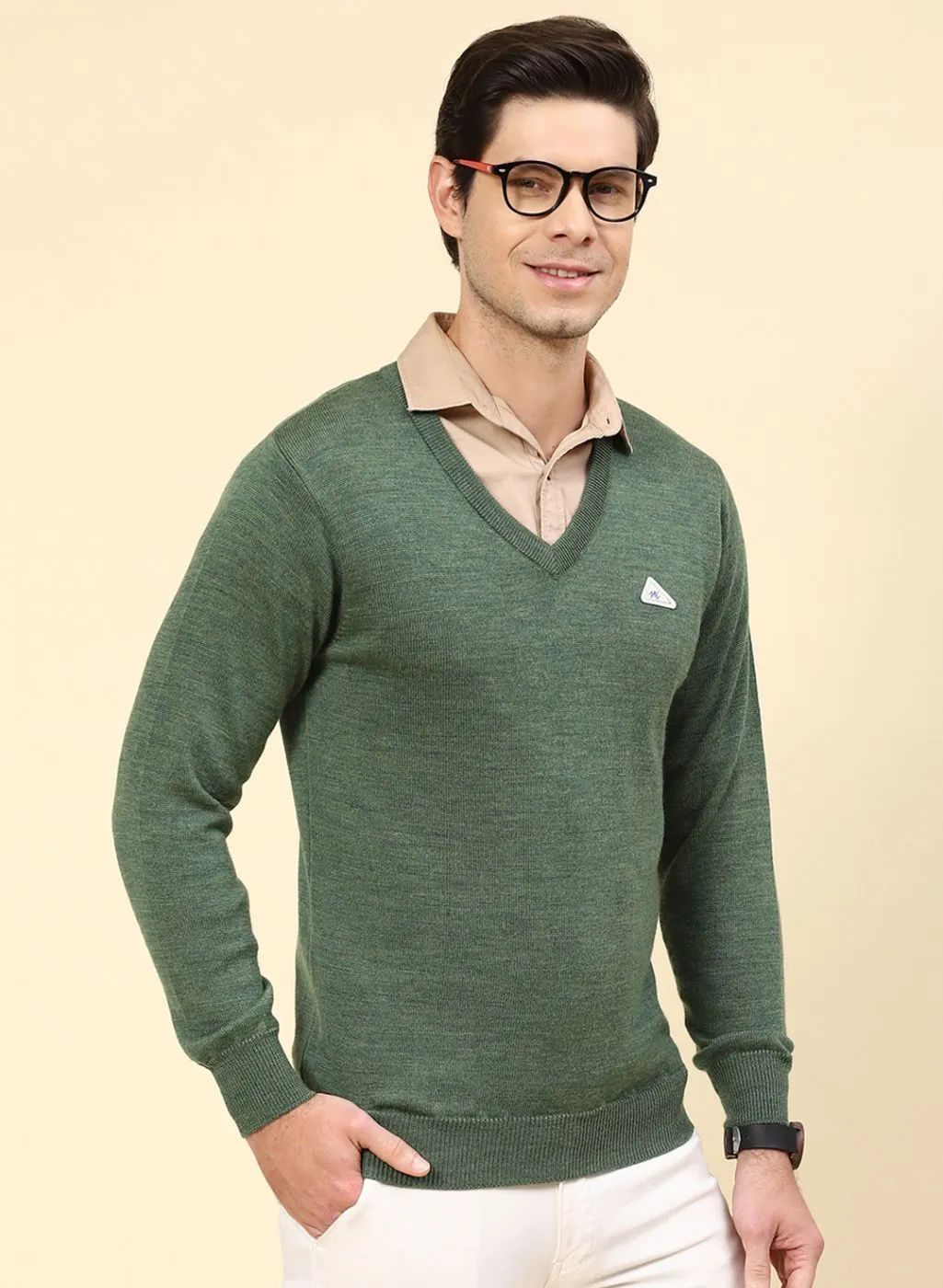 Men Green Solid Pure wool Pullover