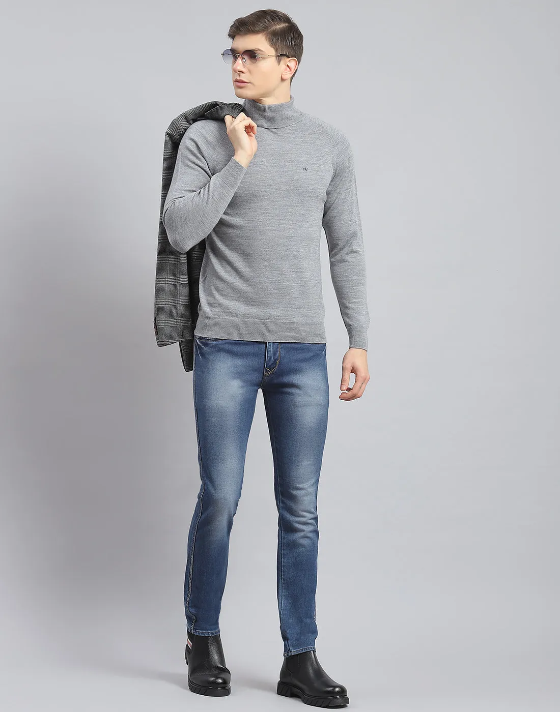 Men Grey Melange Solid H Neck Full Sleeve Pullover