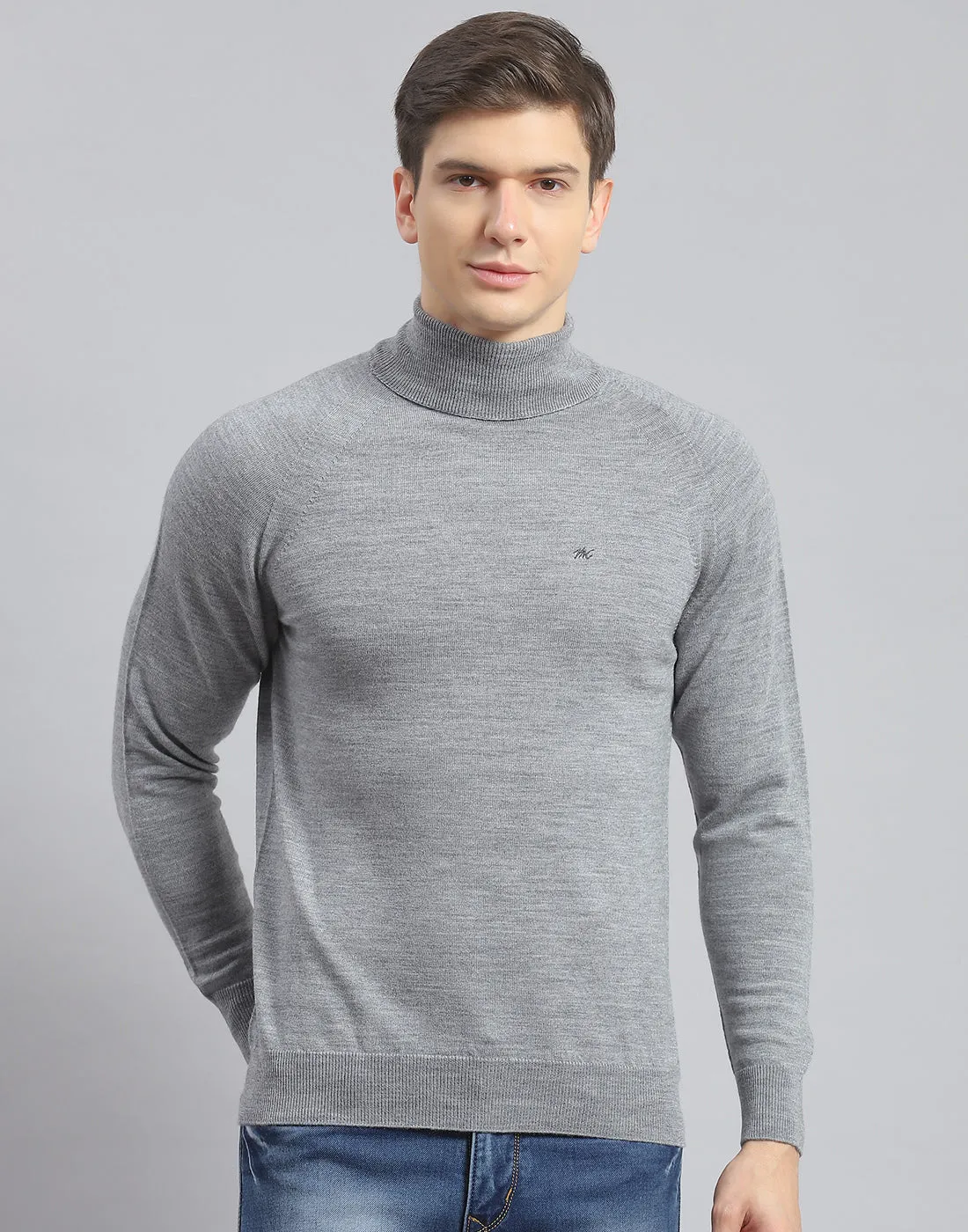 Men Grey Melange Solid H Neck Full Sleeve Pullover