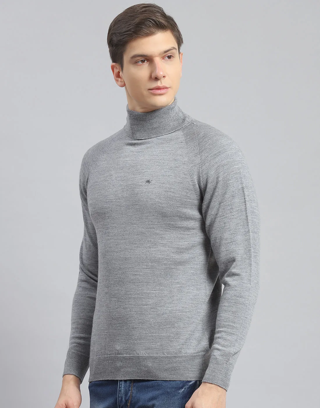 Men Grey Melange Solid H Neck Full Sleeve Pullover