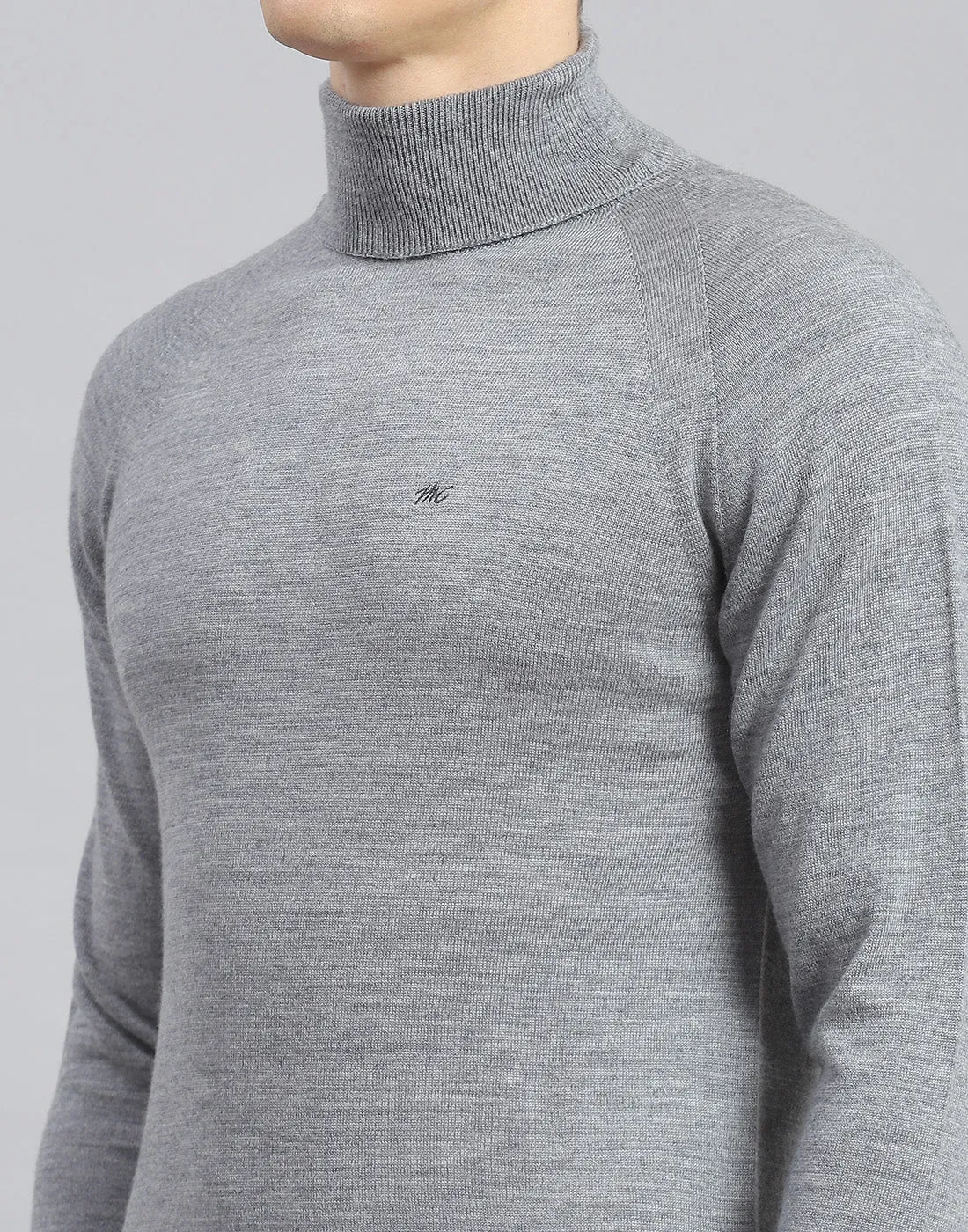 Men Grey Melange Solid H Neck Full Sleeve Pullover