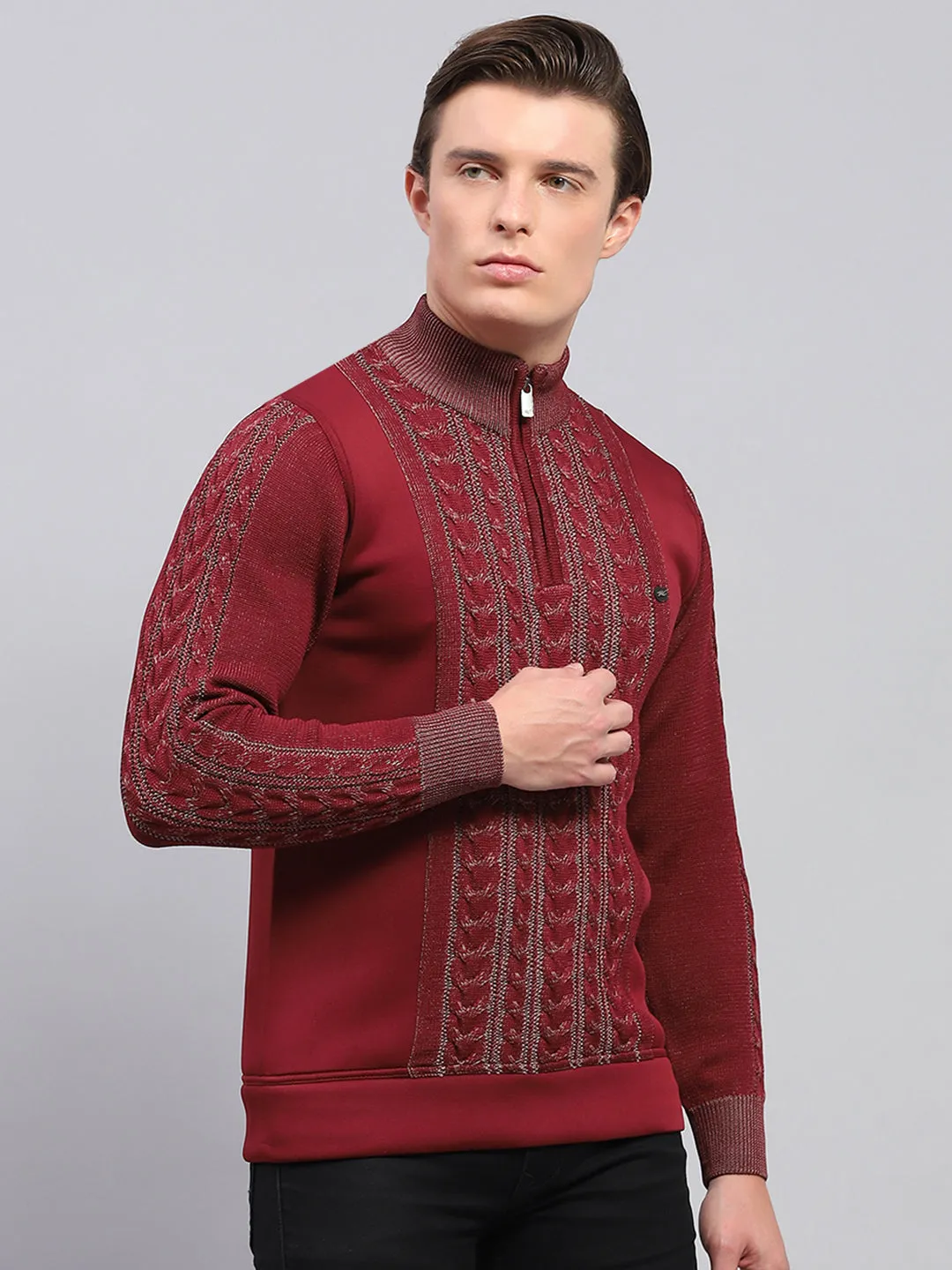 Men Maroon Self Design Mock Neck Full Sleeve Pullover