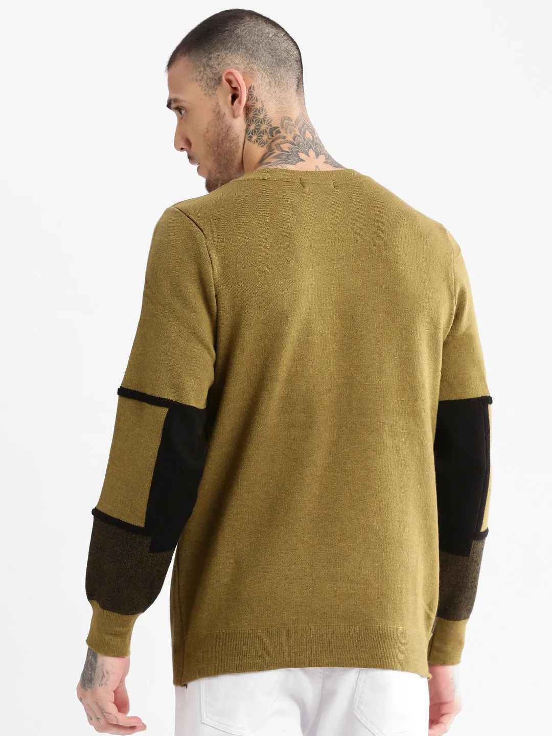 Men Round Neck Geometric Green Pullover