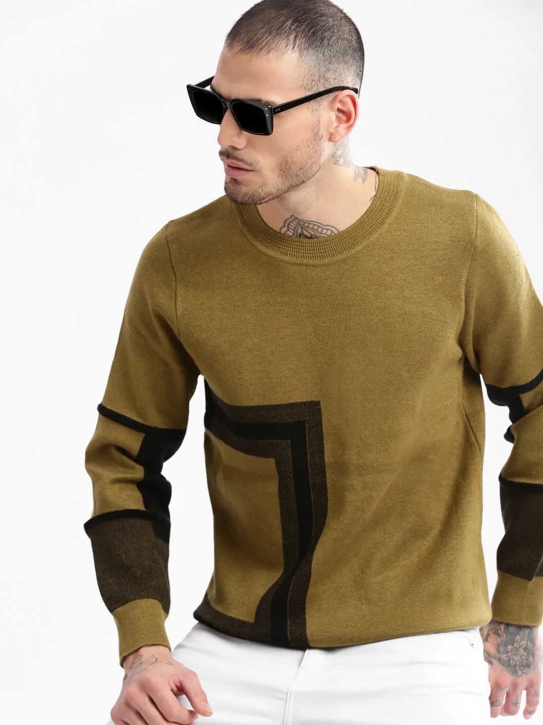 Men Round Neck Geometric Green Pullover