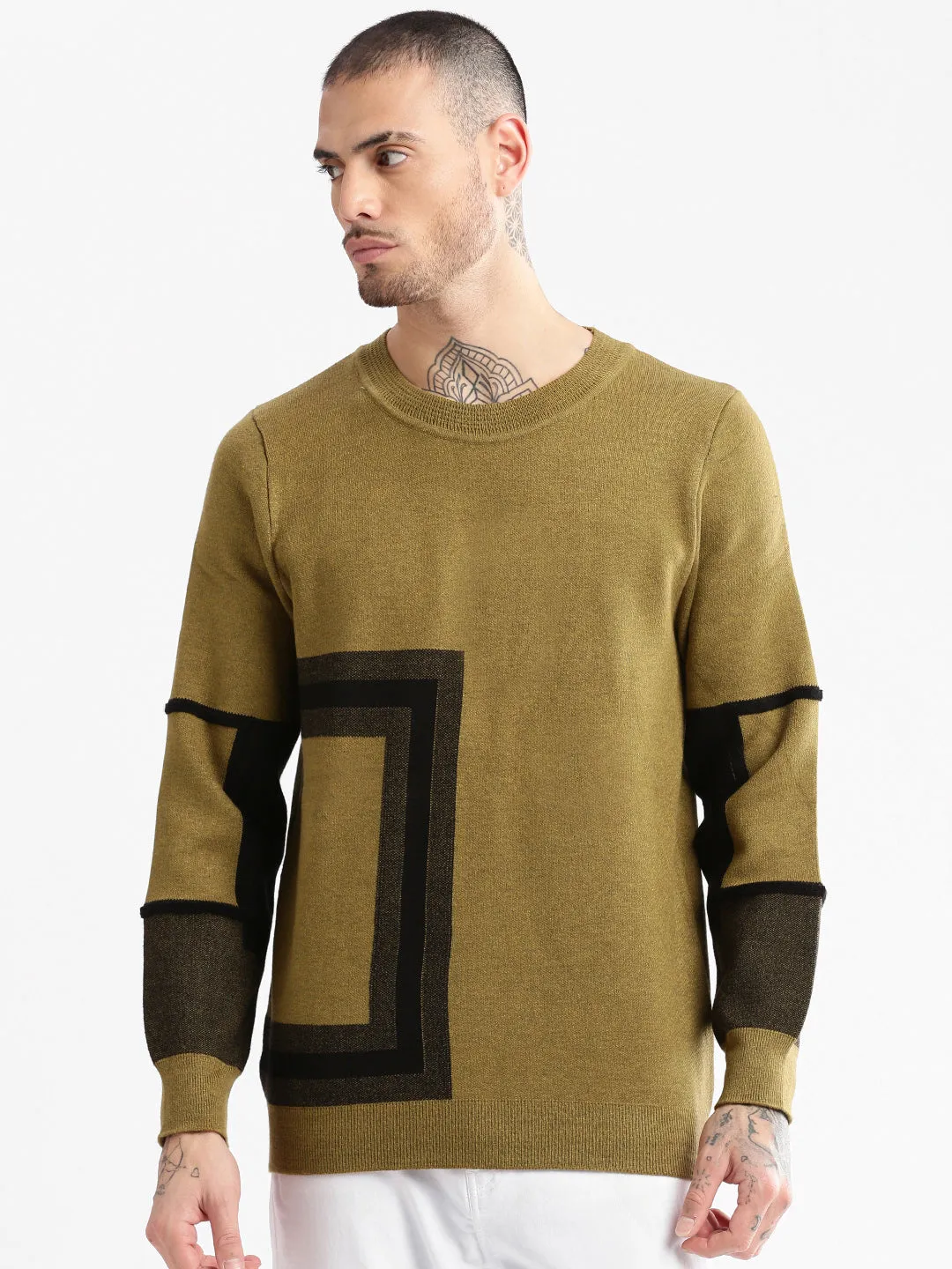 Men Round Neck Geometric Green Pullover