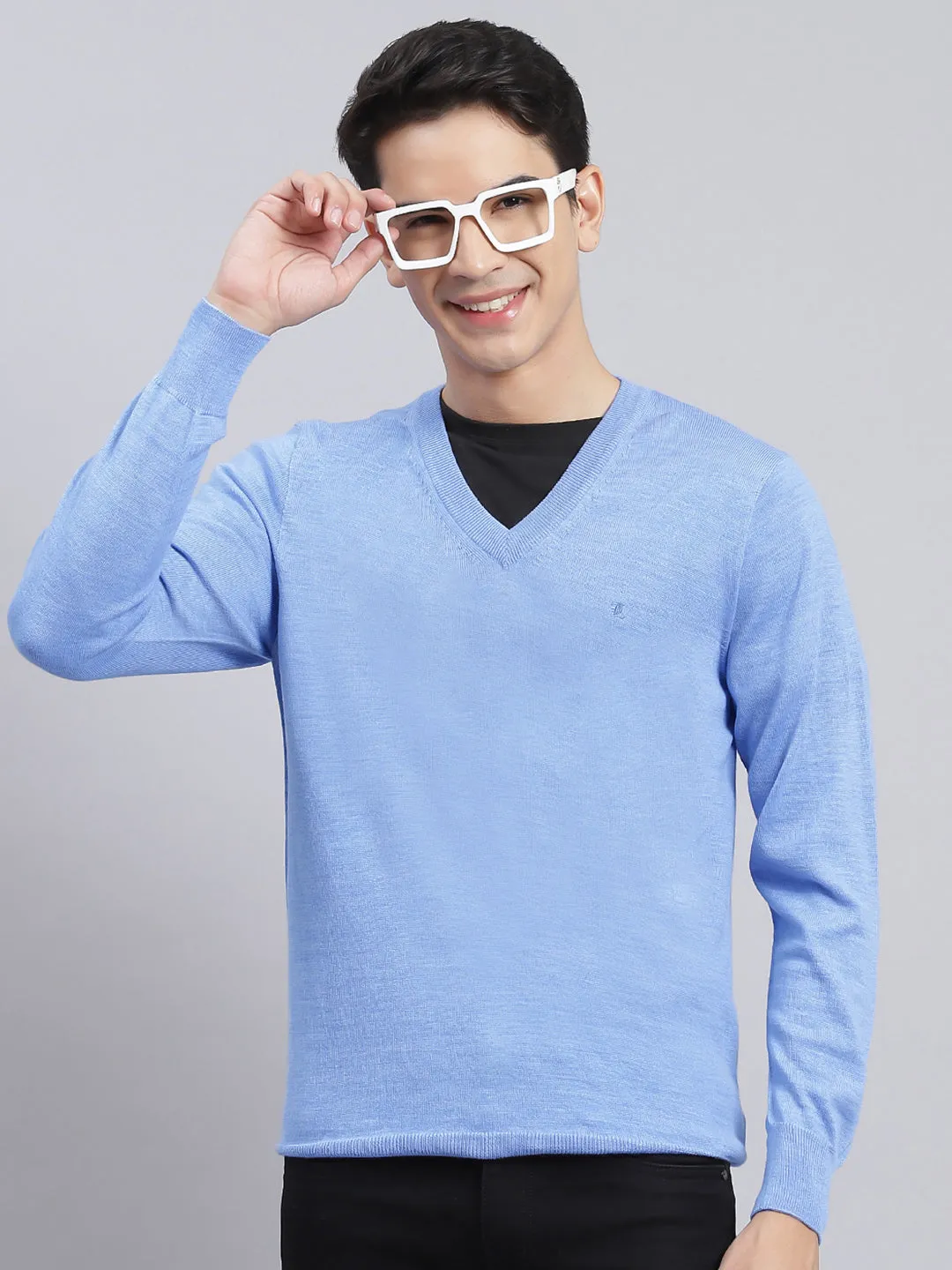 Men Sky Blue Solid Pure wool Pullover