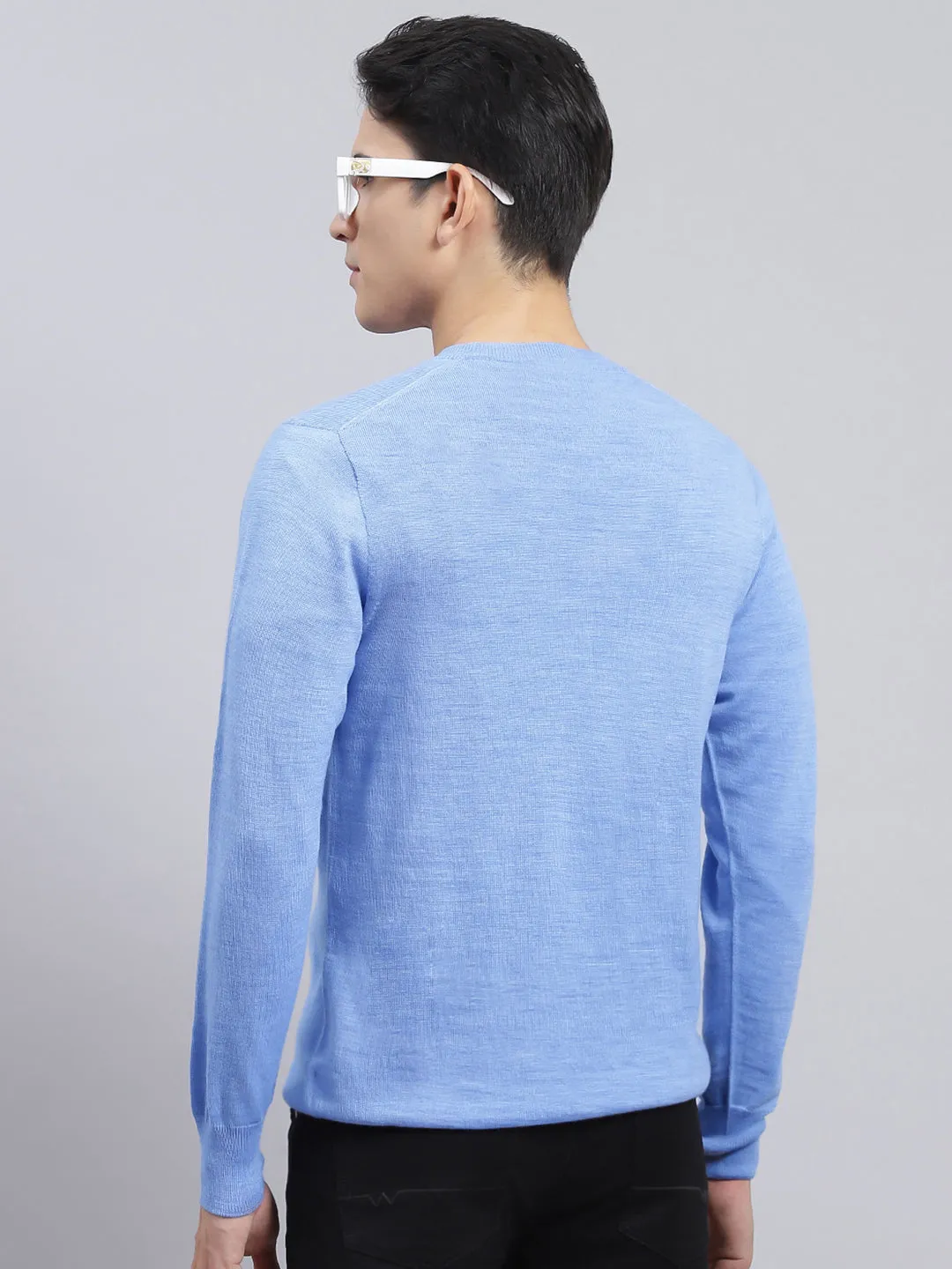 Men Sky Blue Solid Pure wool Pullover