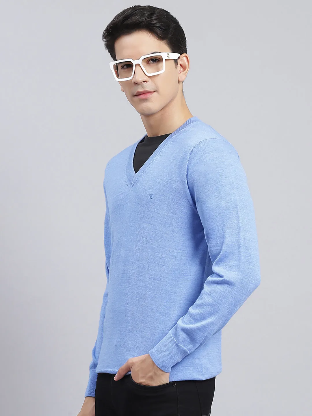 Men Sky Blue Solid Pure wool Pullover