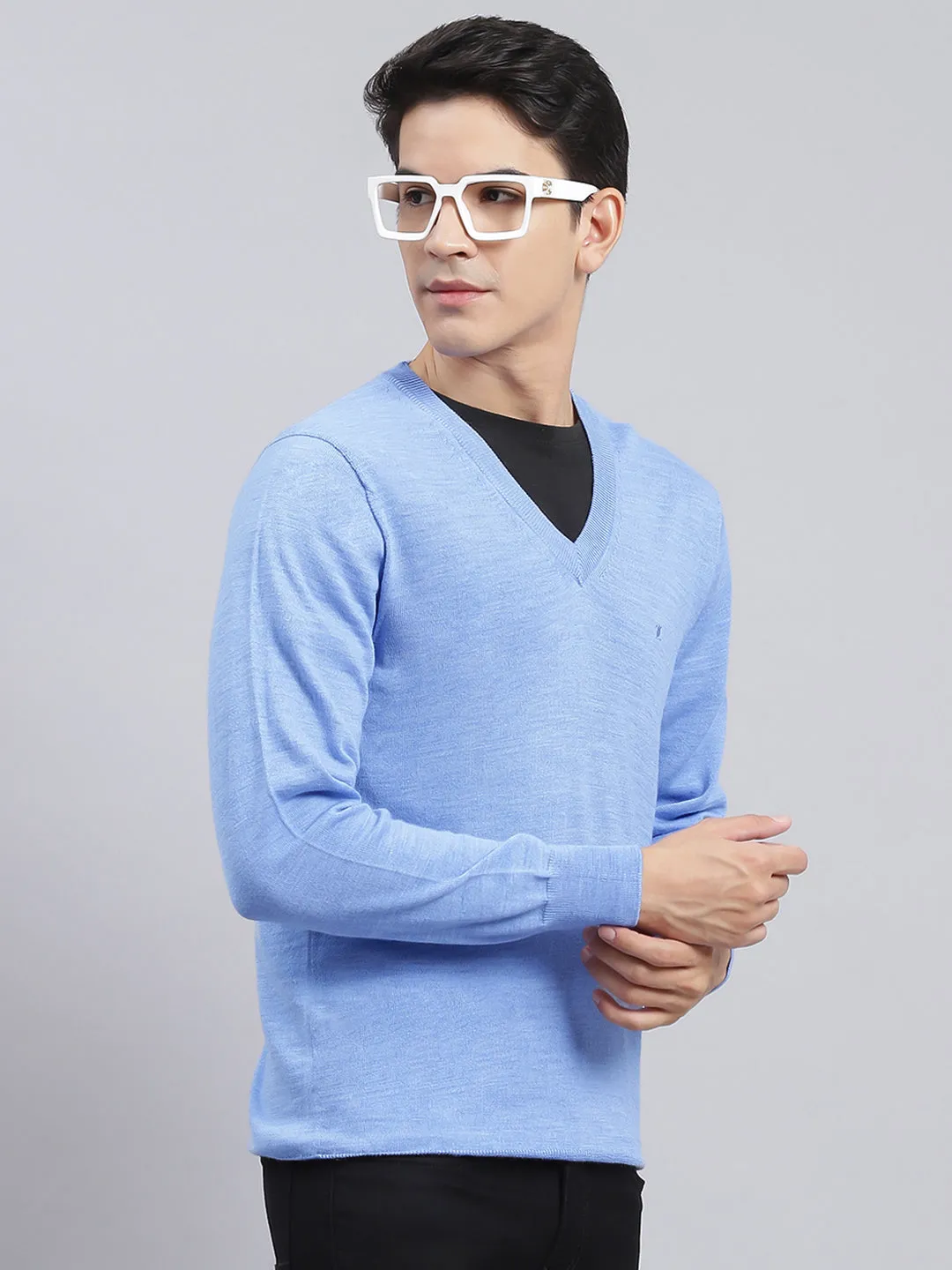 Men Sky Blue Solid Pure wool Pullover