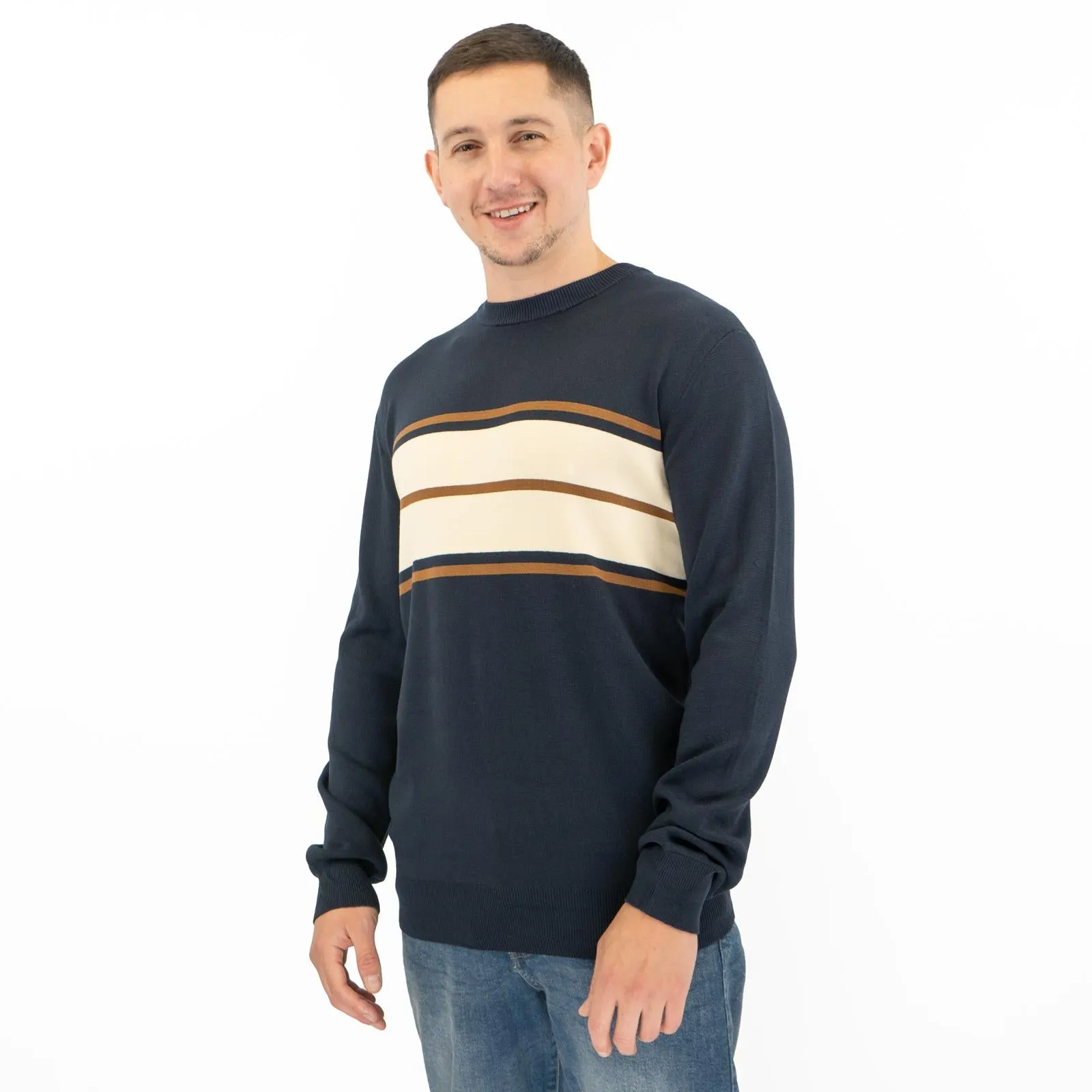 Mens Jumper Colour Block Stripe Navy