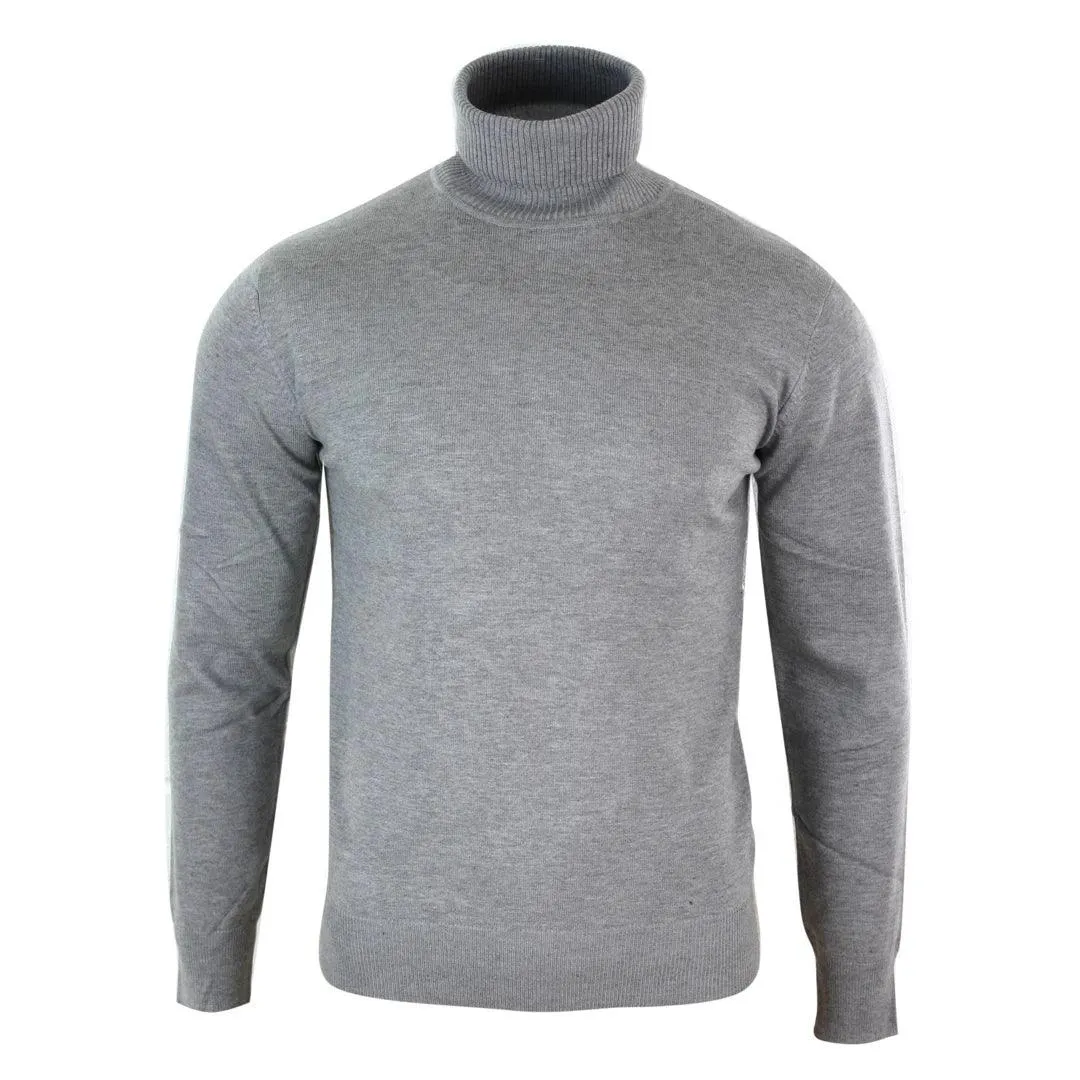 Mens Slim Fit Polar Roll Neck Jumper Light Weight Fitted Cashmere Wool Blend Grey Black Navy