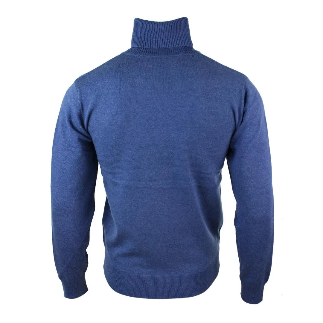 Mens Slim Fit Polar Roll Neck Jumper Light Weight Fitted Cashmere Wool Blend Grey Black Navy