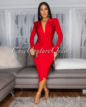 Milady Red Ruched Design Midi Dress