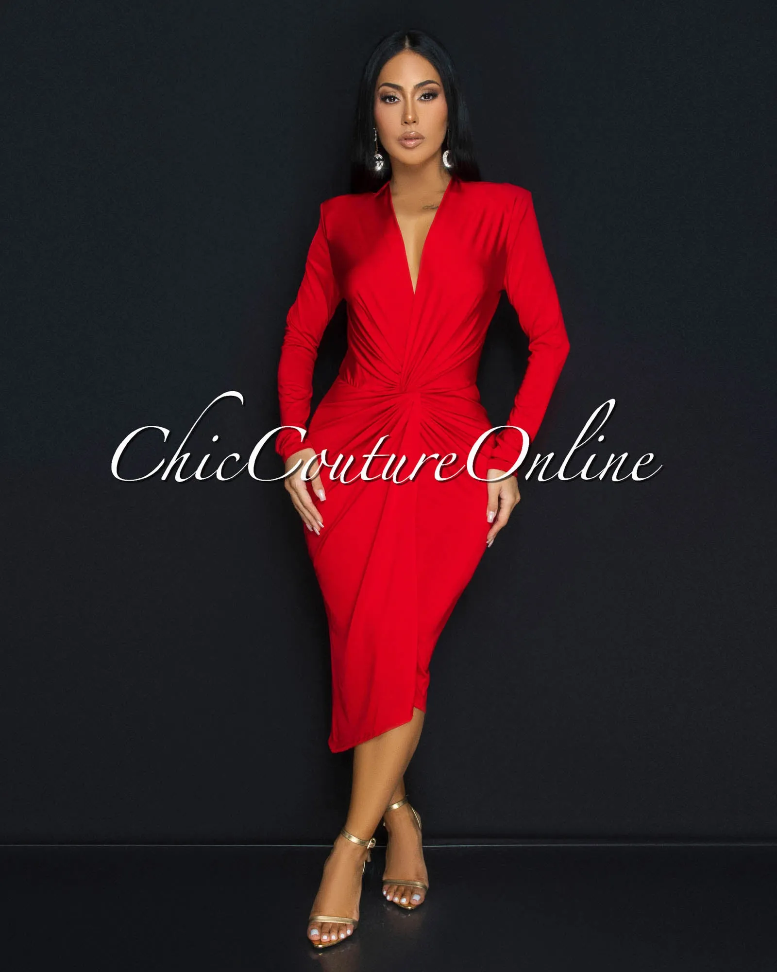 Milady Red Ruched Design Midi Dress