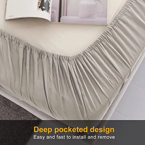 MILDLY Deep Pocket Fitted Sheet Only King Size 76"x80" 100% Long Staple Cotton Linen Grey Oatmeal Color Breathable Bottom Sheet Fits Up to 14" Deep Mattress