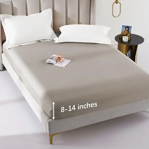 MILDLY Deep Pocket Fitted Sheet Only King Size 76"x80" 100% Long Staple Cotton Linen Grey Oatmeal Color Breathable Bottom Sheet Fits Up to 14" Deep Mattress