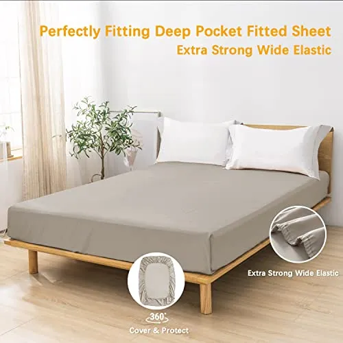 MILDLY Deep Pocket Fitted Sheet Only King Size 76"x80" 100% Long Staple Cotton Linen Grey Oatmeal Color Breathable Bottom Sheet Fits Up to 14" Deep Mattress