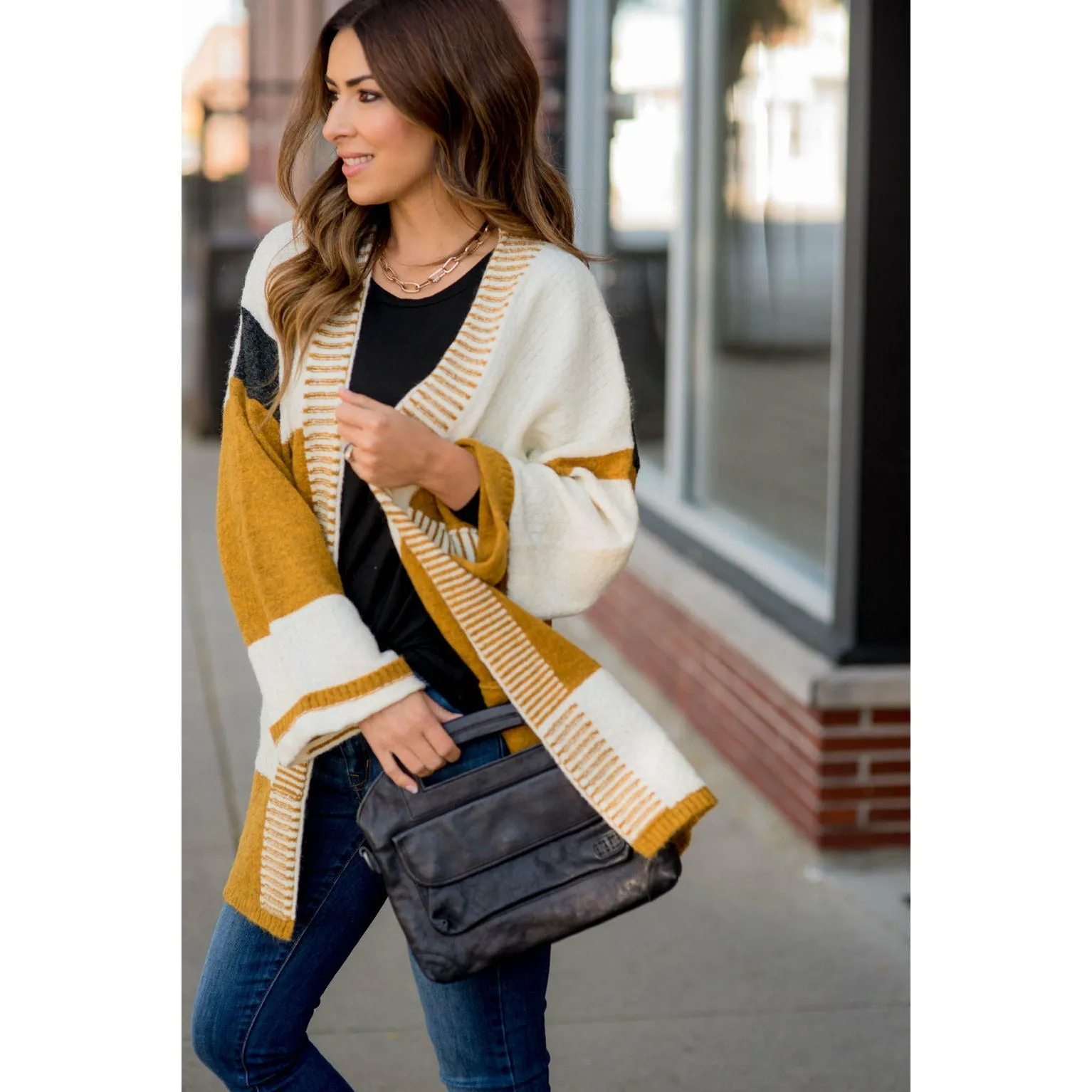 Mixed Stripe Wide Sleeve Cardigan