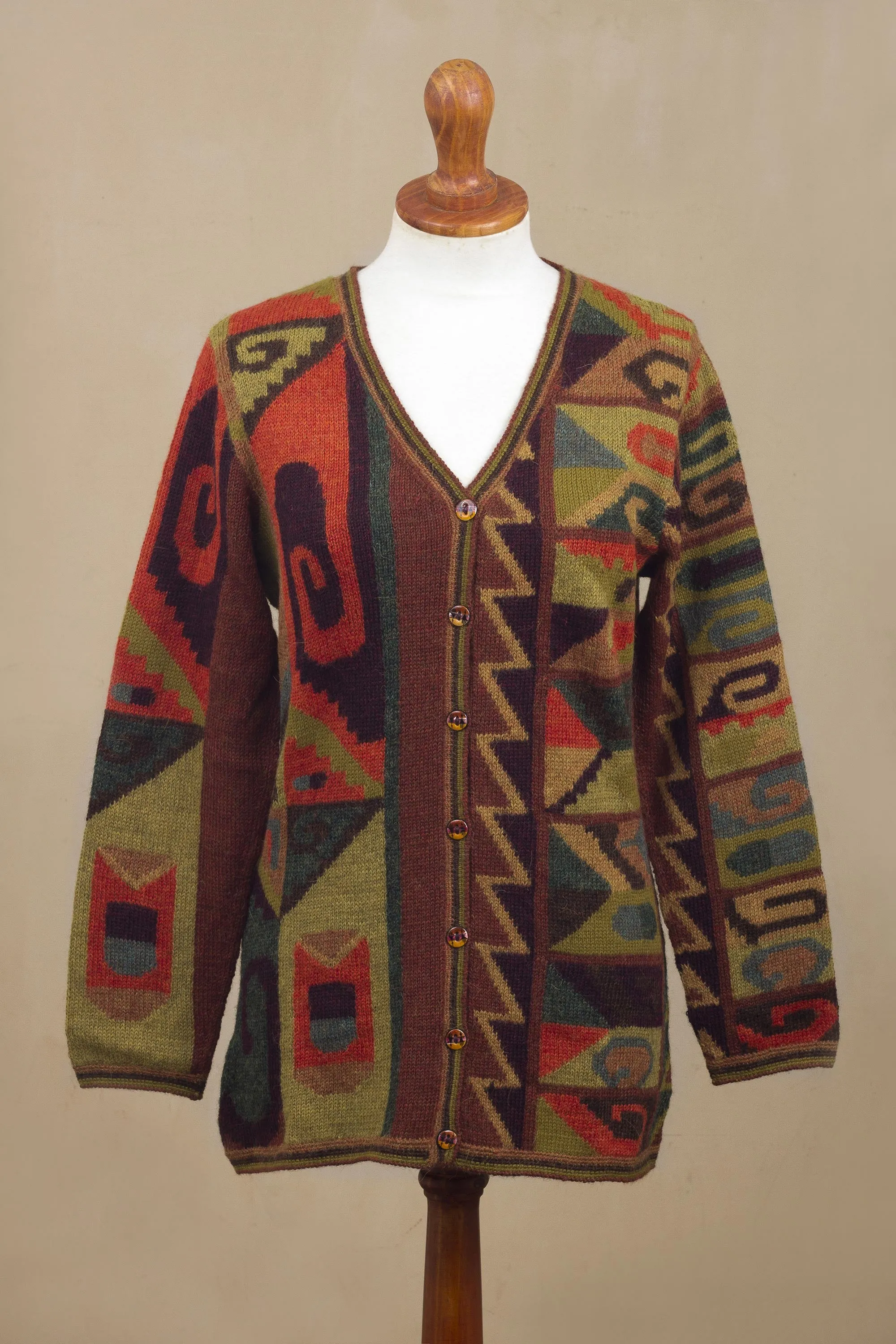 Multicolored Intarsia Knit Alpaca Wool Cardigan from Peru - Inca Geometry | NOVICA