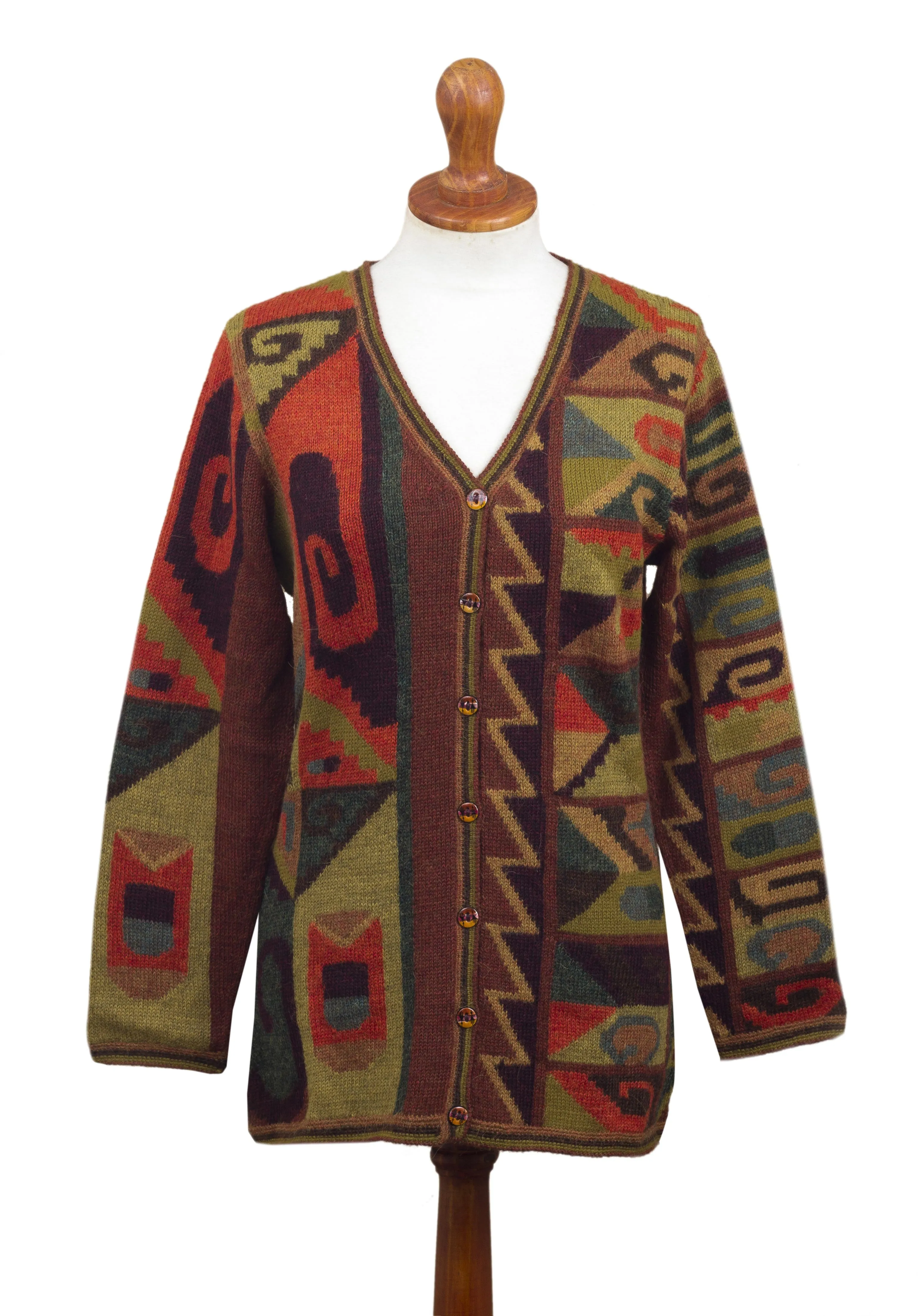 Multicolored Intarsia Knit Alpaca Wool Cardigan from Peru - Inca Geometry | NOVICA