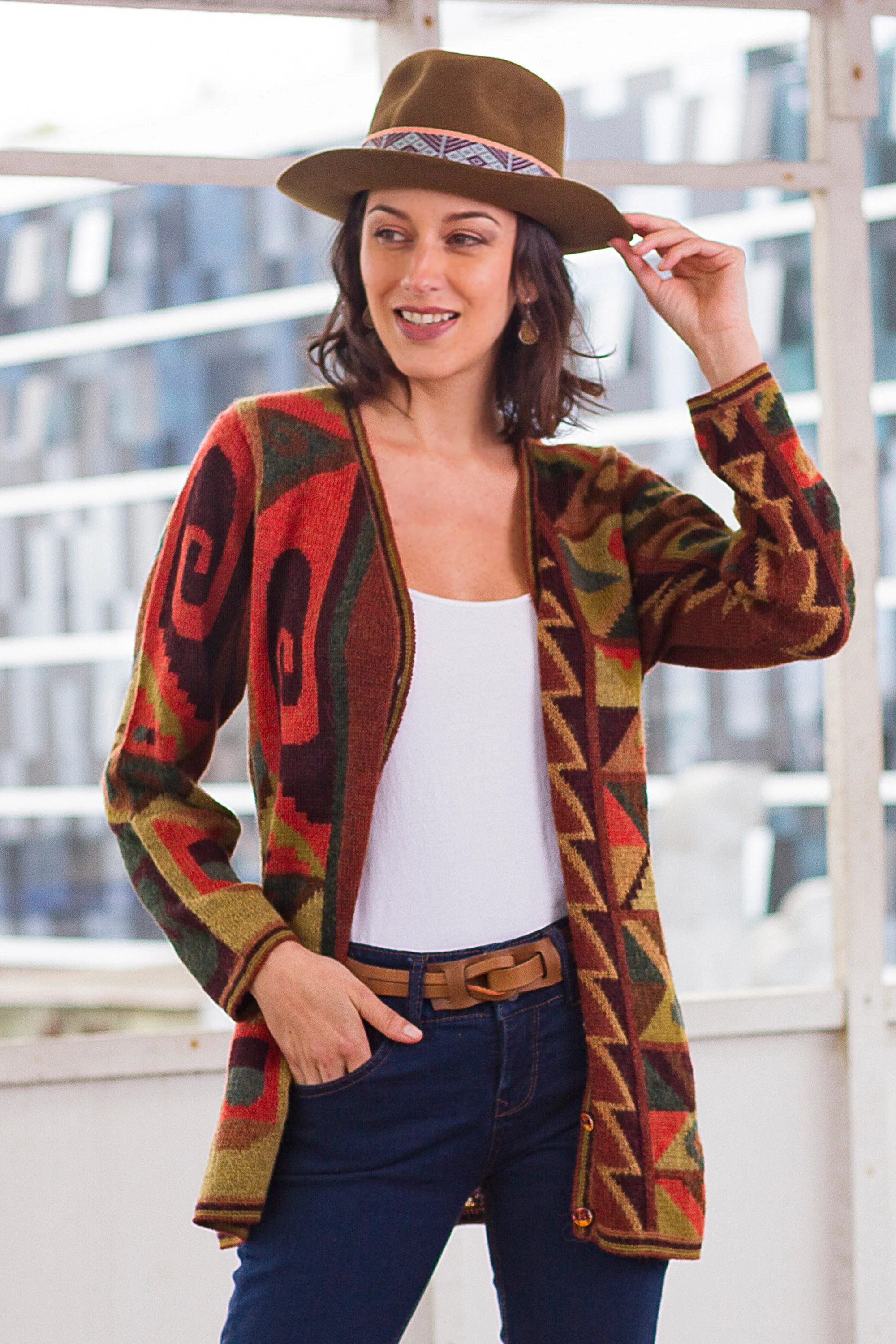 Multicolored Intarsia Knit Alpaca Wool Cardigan from Peru - Inca Geometry | NOVICA