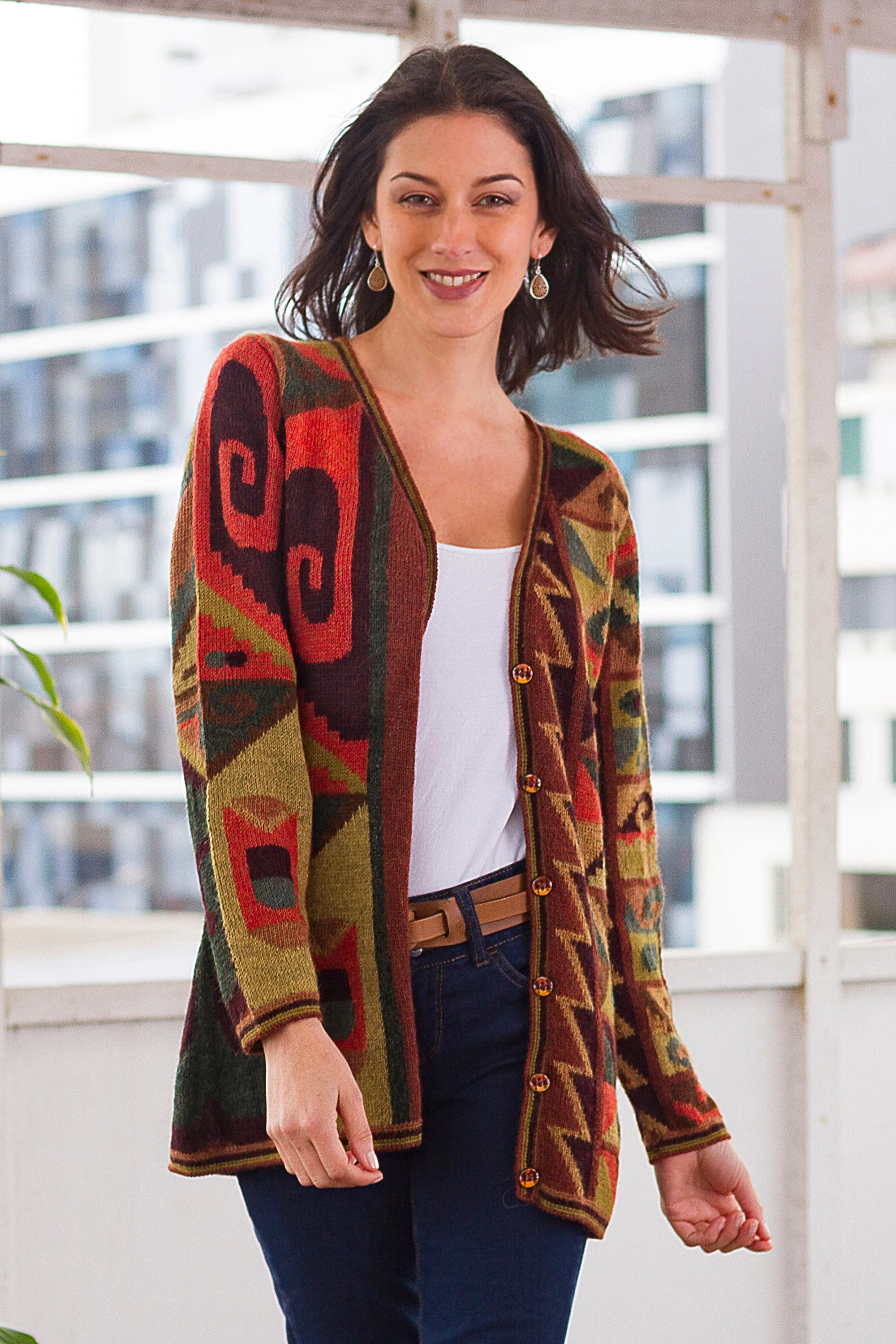 Multicolored Intarsia Knit Alpaca Wool Cardigan from Peru - Inca Geometry | NOVICA