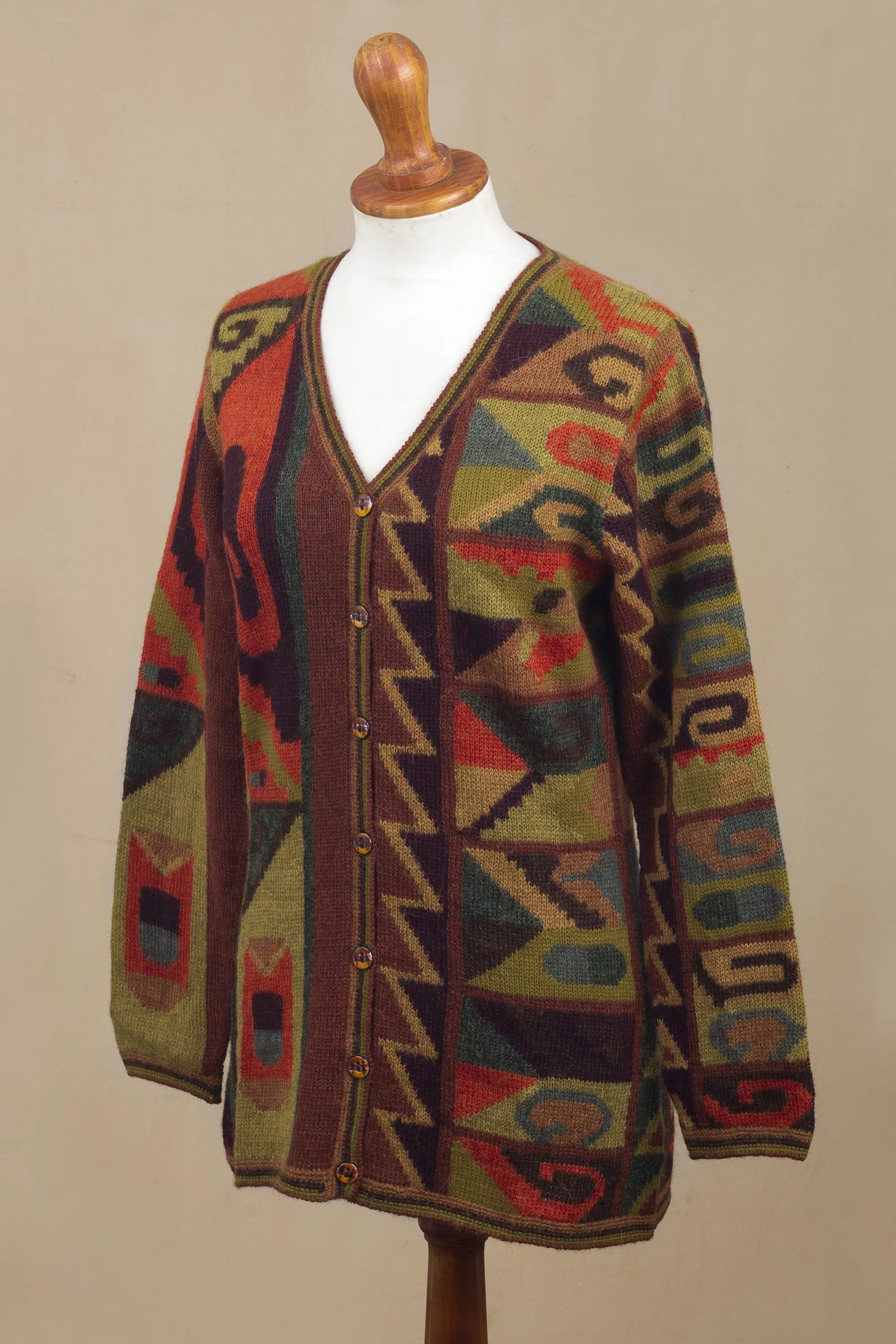 Multicolored Intarsia Knit Alpaca Wool Cardigan from Peru - Inca Geometry | NOVICA