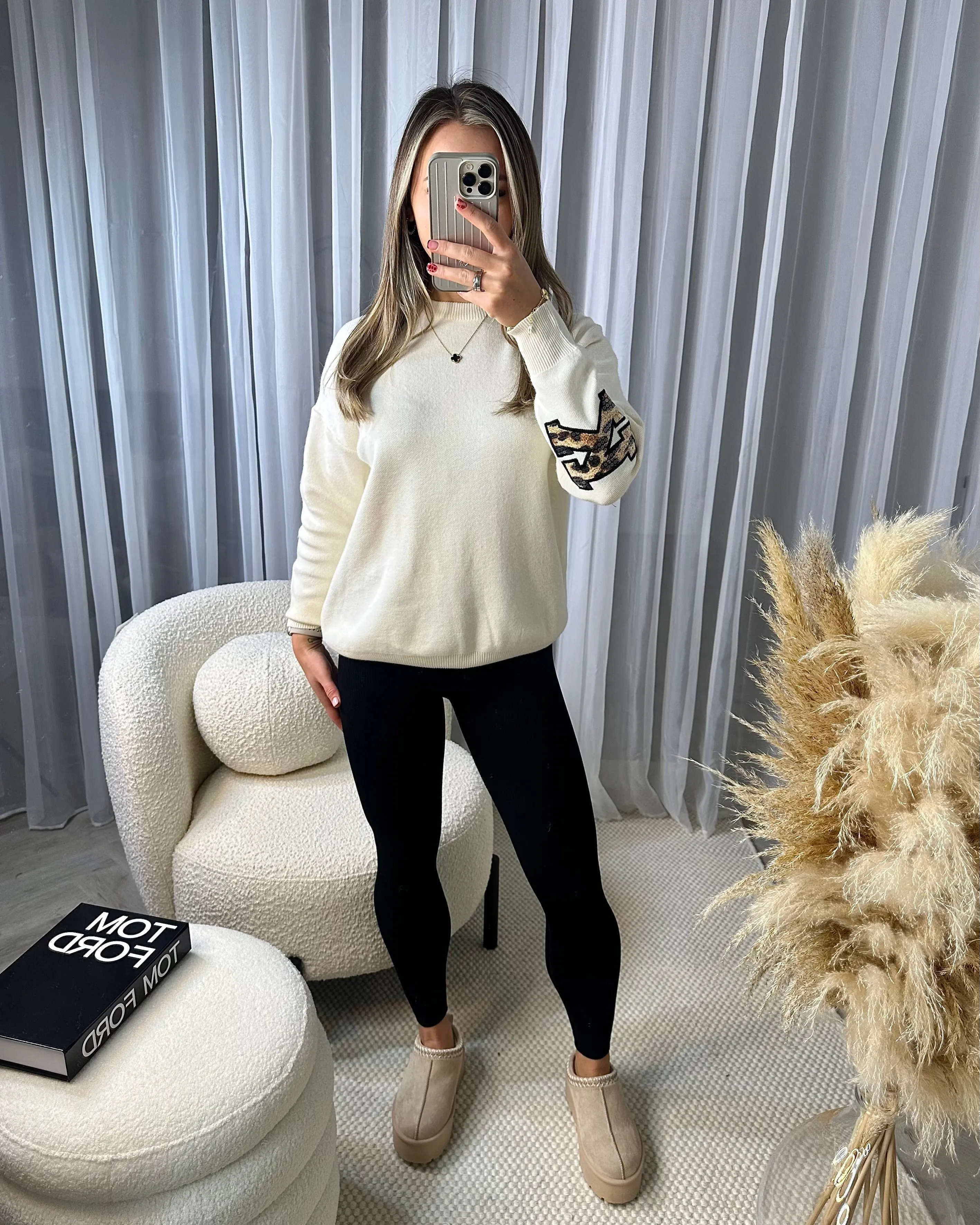 Nellie New York Leopard Print Slogan Round Neck Jumper - Cream