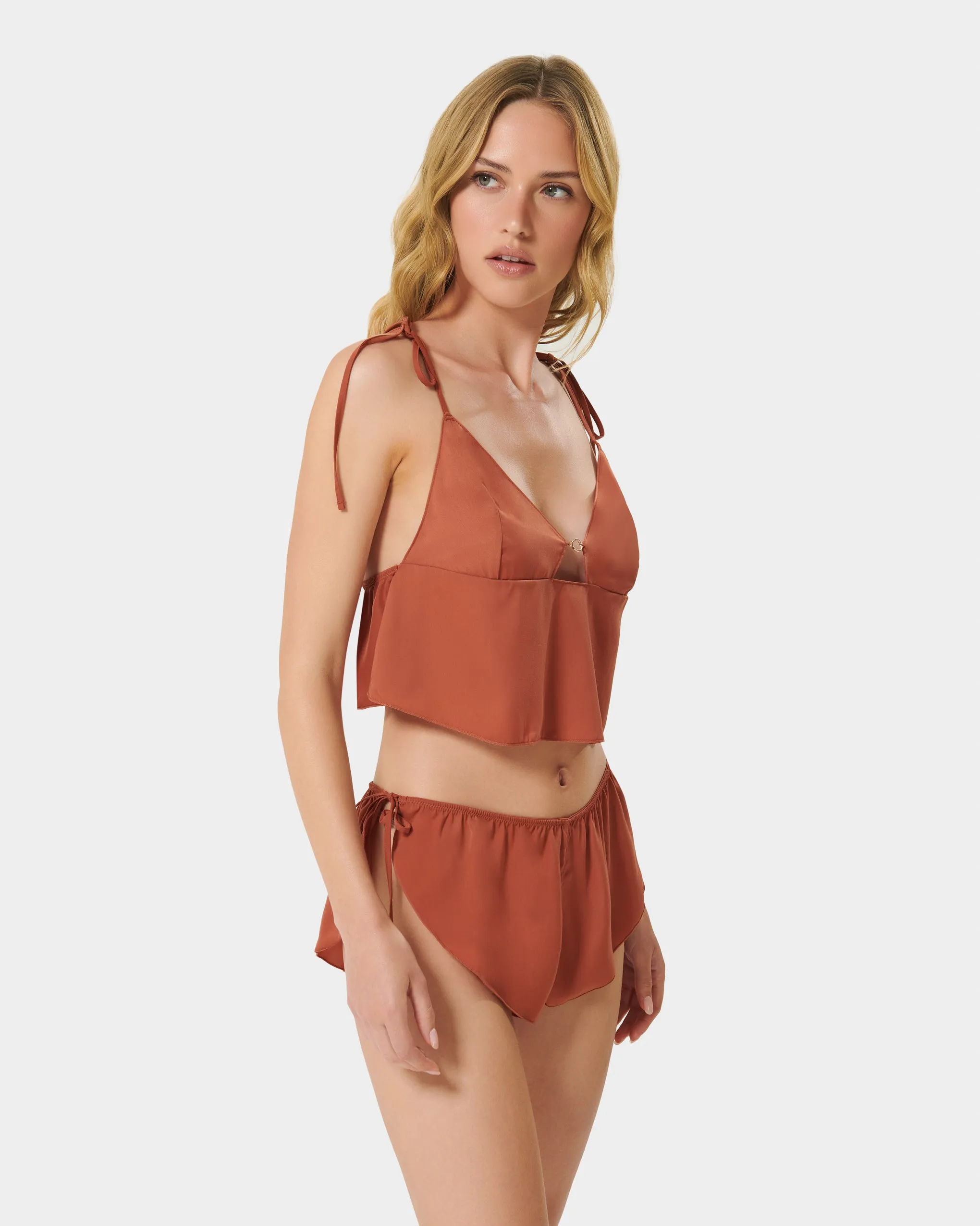 Nicole Luxury Satin Crop Cami and Short Set Baked Clay