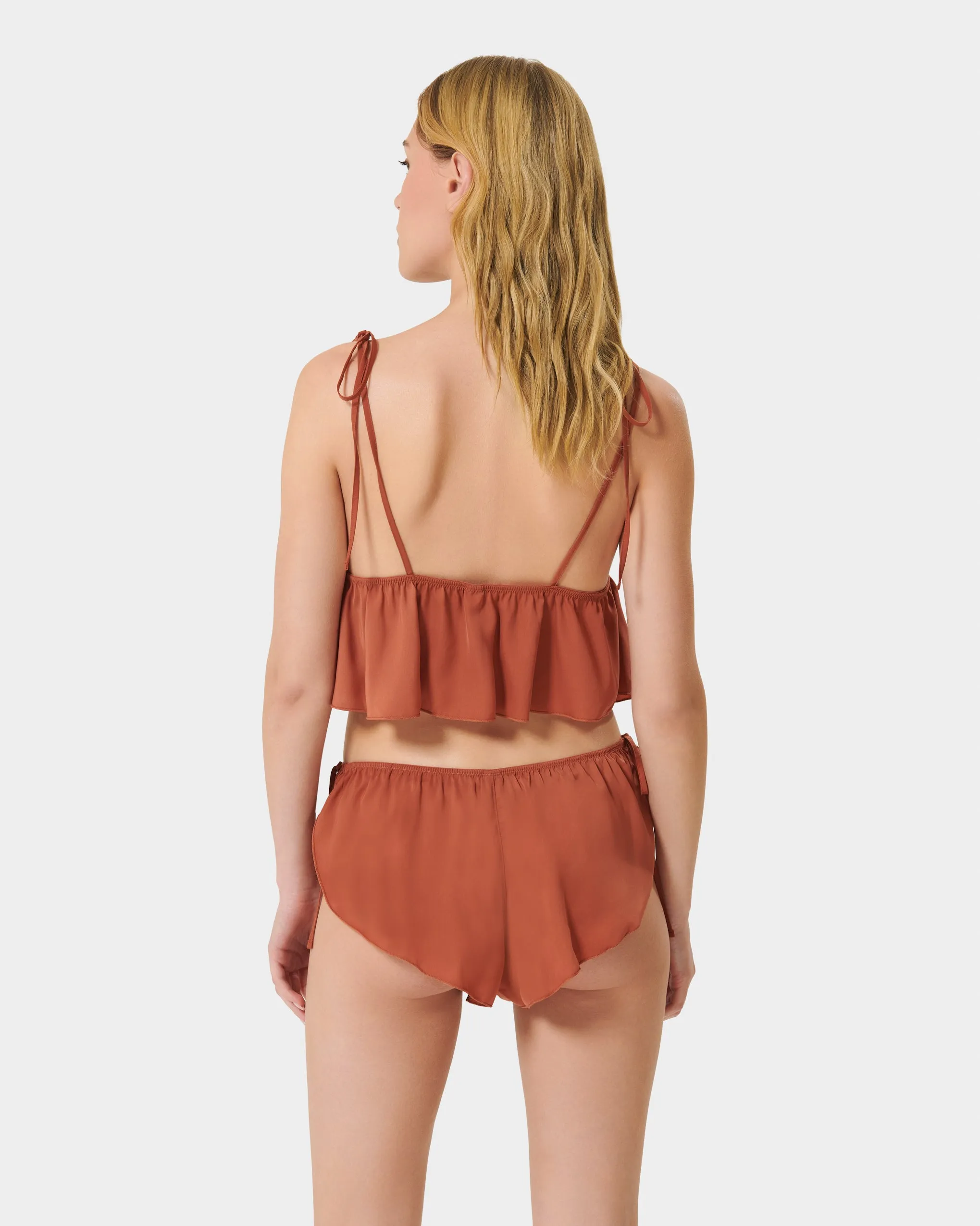 Nicole Luxury Satin Crop Cami and Short Set Baked Clay