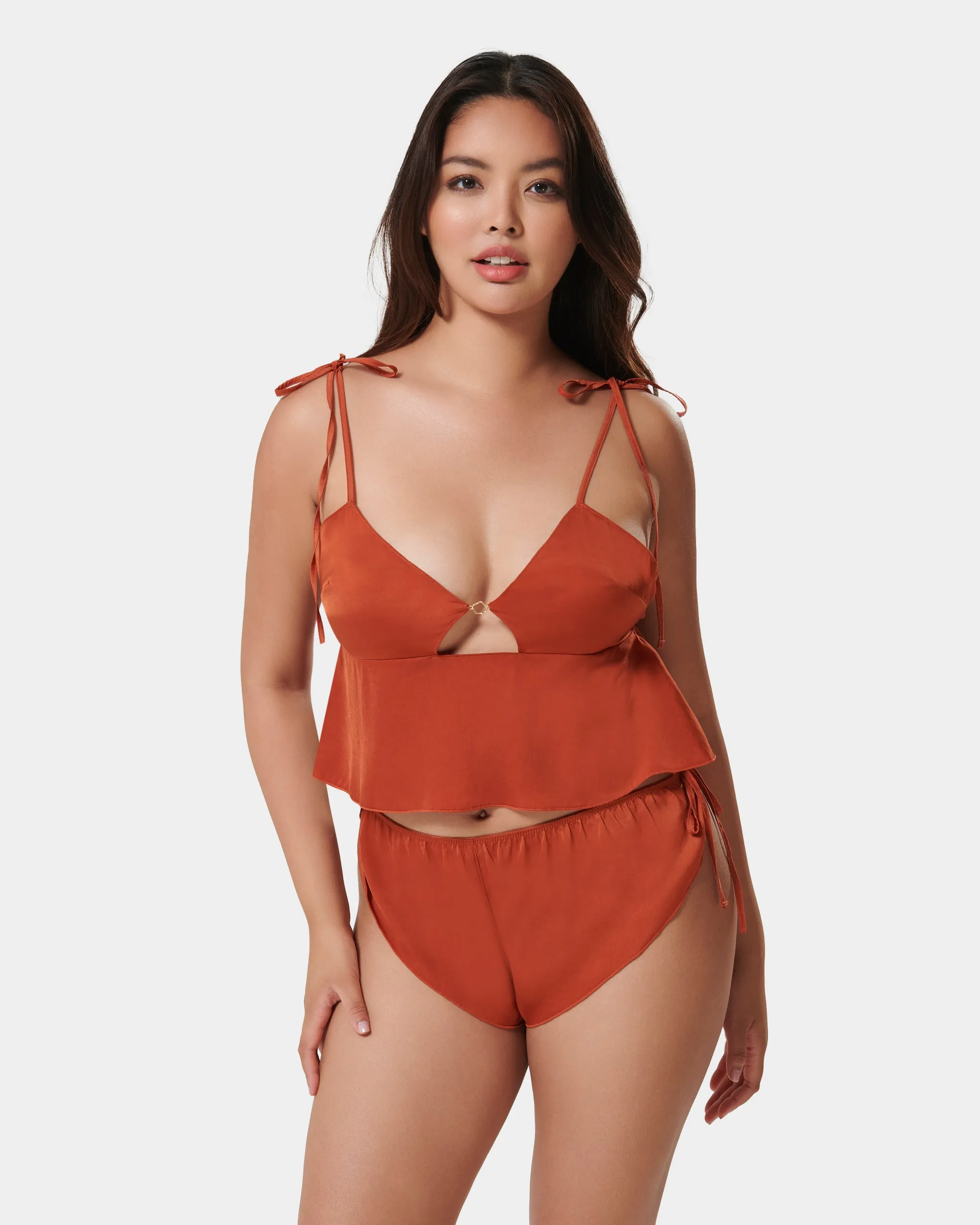 Nicole Luxury Satin Crop Cami and Short Set Baked Clay