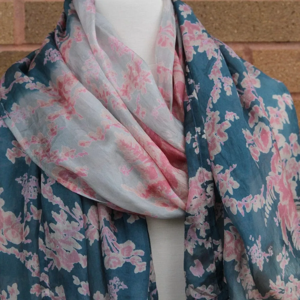 Ombre Dark Blue with Roses Silk Scarf