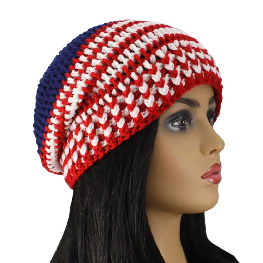 Patriotic Crochet Beanie Hat with Band Medium/Large - JMCH43ML