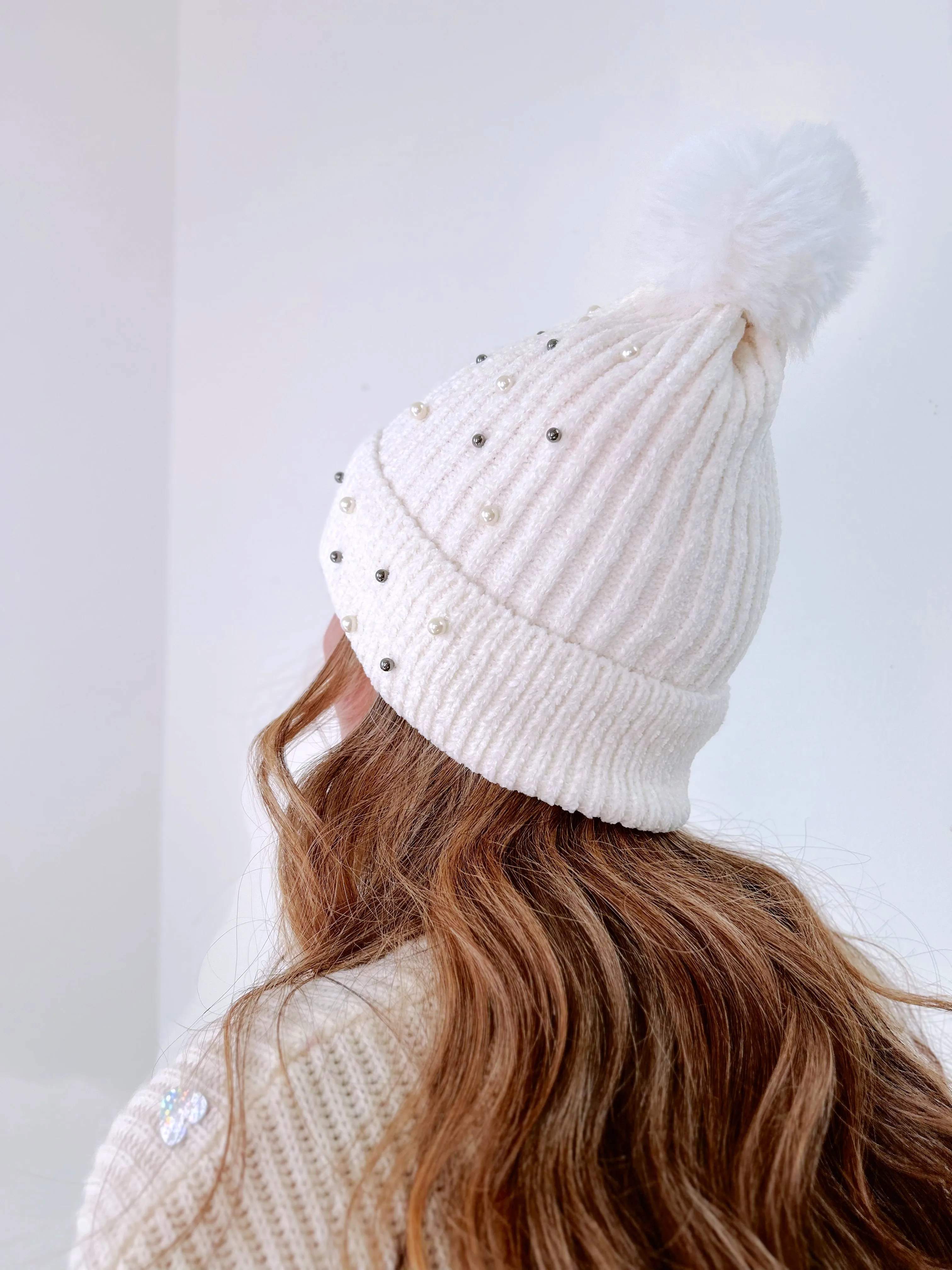 Pearla Adorned Pom Beanie - White