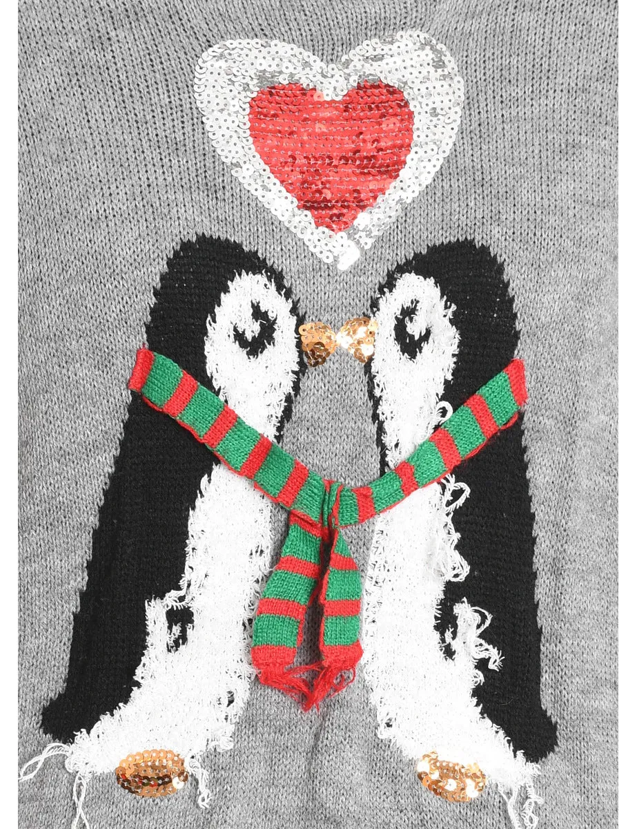 Penquin Design Grey & White Knit Christmas Jumper - M