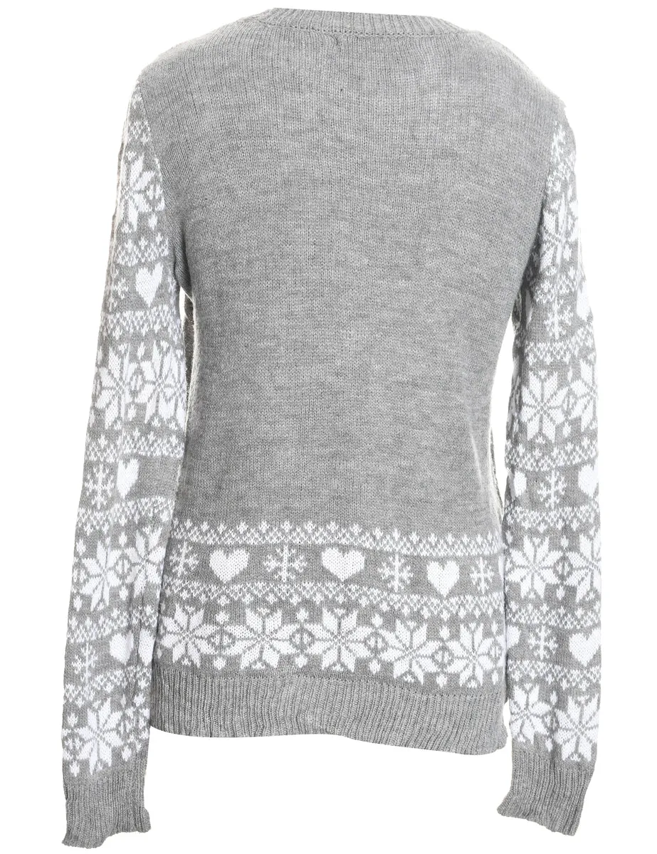 Penquin Design Grey & White Knit Christmas Jumper - M