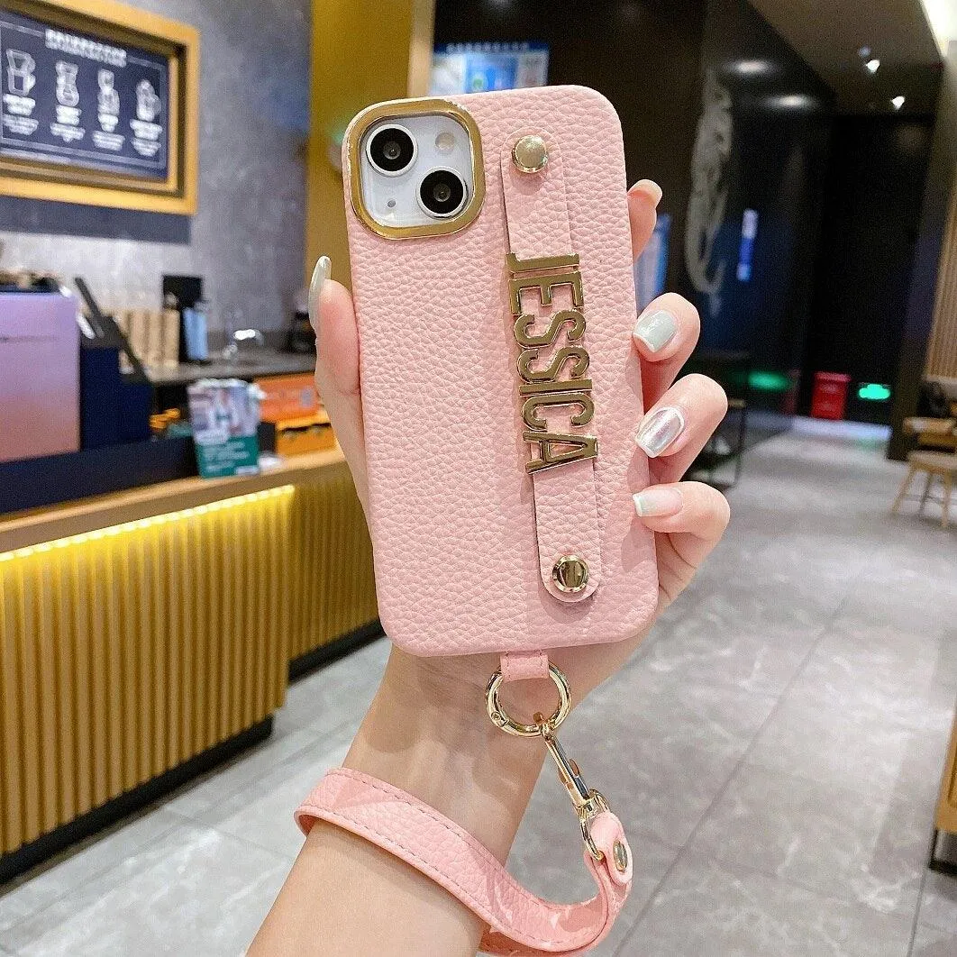 Personalise Name Strap PU Leather Phone Case For iPhone 11 12 13 14 Pro Max Plus Lanyard Diamond Metal Letter Monogram Cover