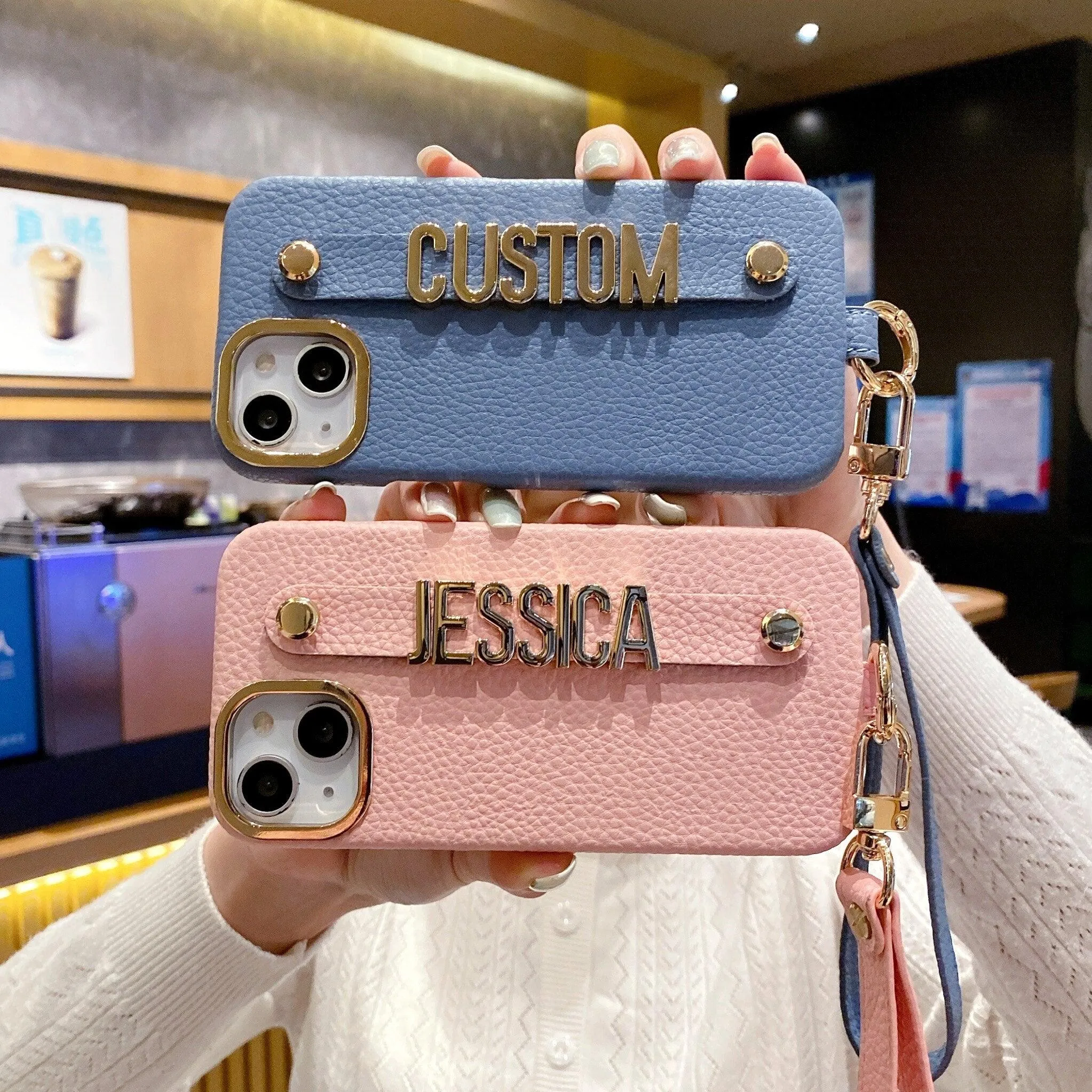 Personalise Name Strap PU Leather Phone Case For iPhone 11 12 13 14 Pro Max Plus Lanyard Diamond Metal Letter Monogram Cover