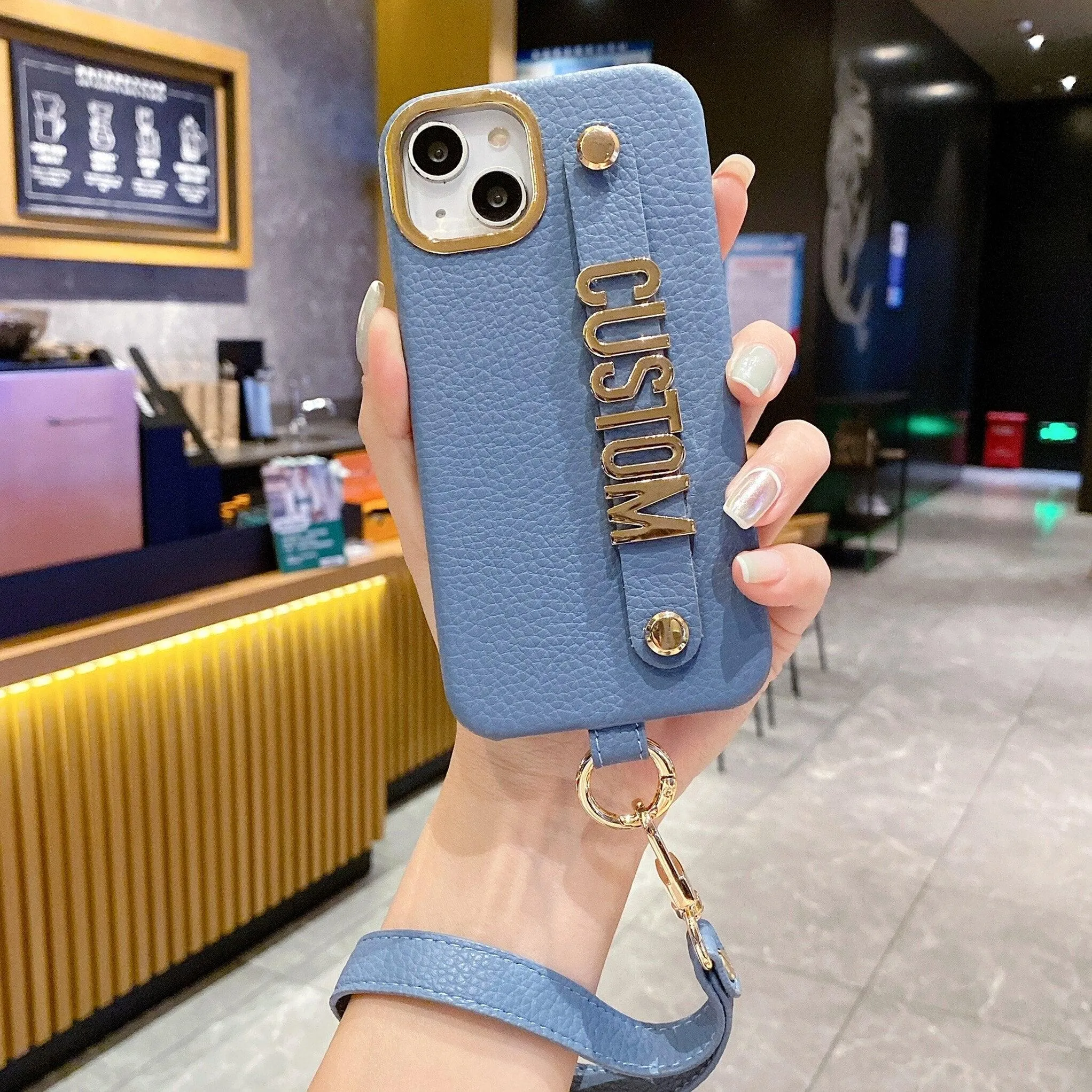 Personalise Name Strap PU Leather Phone Case For iPhone 11 12 13 14 Pro Max Plus Lanyard Diamond Metal Letter Monogram Cover