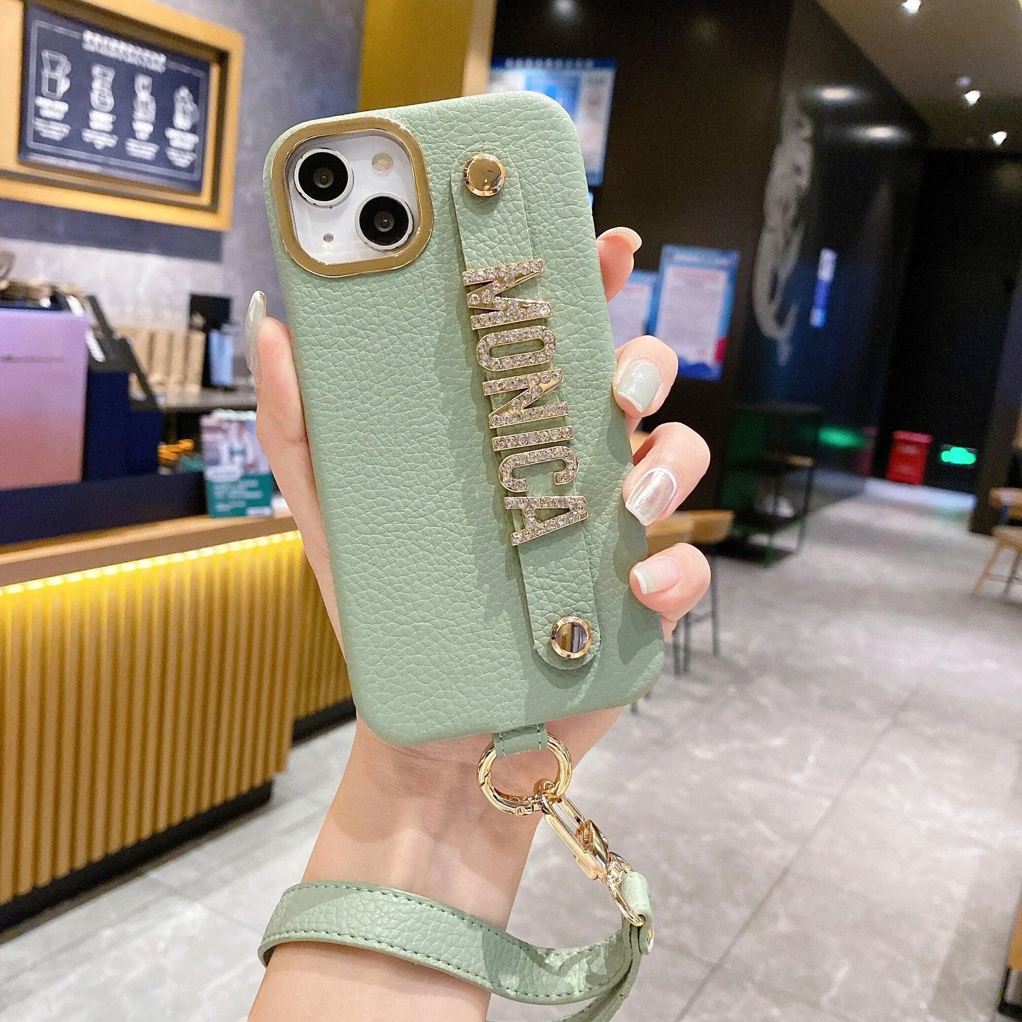 Personalise Name Strap PU Leather Phone Case For iPhone 11 12 13 14 Pro Max Plus Lanyard Diamond Metal Letter Monogram Cover