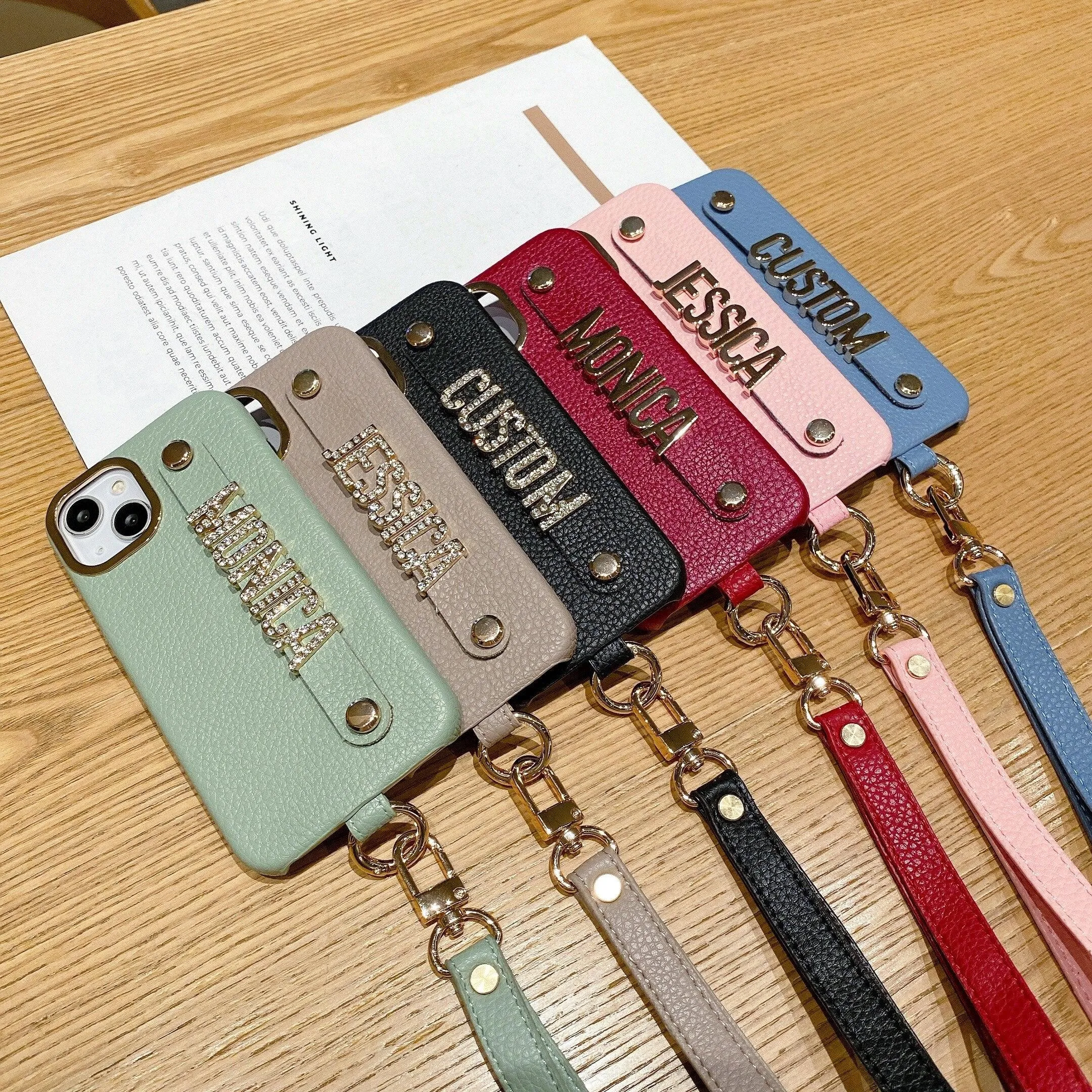 Personalise Name Strap PU Leather Phone Case For iPhone 11 12 13 14 Pro Max Plus Lanyard Diamond Metal Letter Monogram Cover